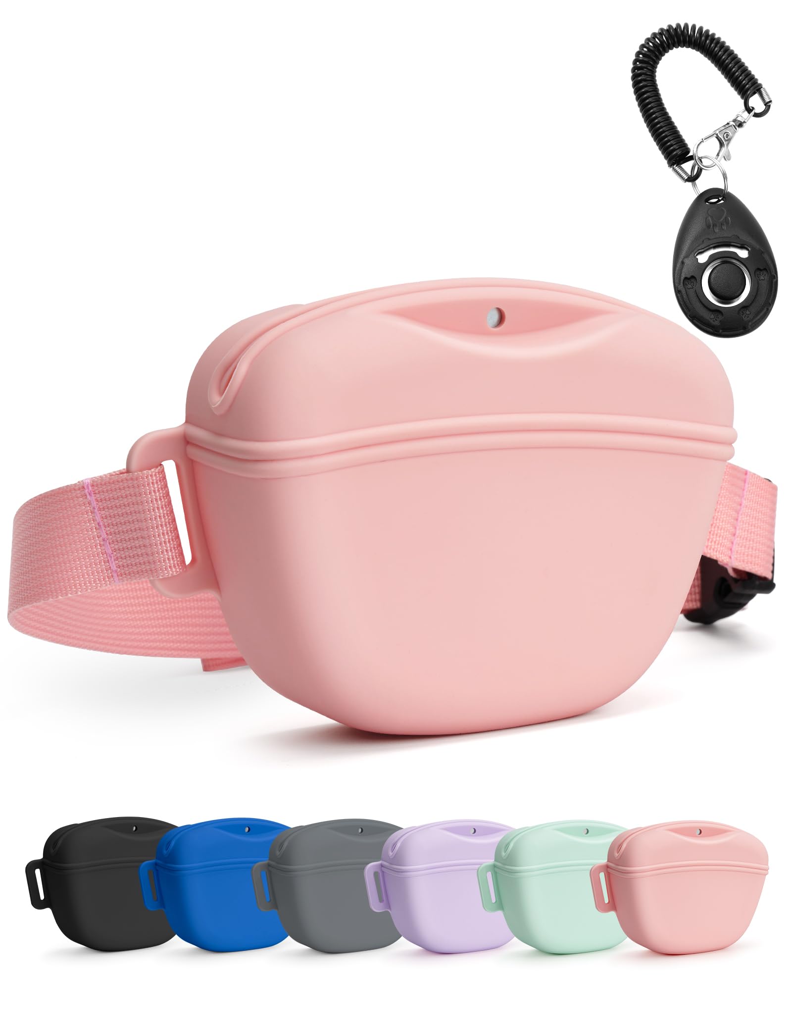 heouvo Dog Treat Pouch with Training Clicker, Upgrade Stronger Magnetic Closure to Avoid Spilling, 1.67 Cup Silicone Treat Bag F