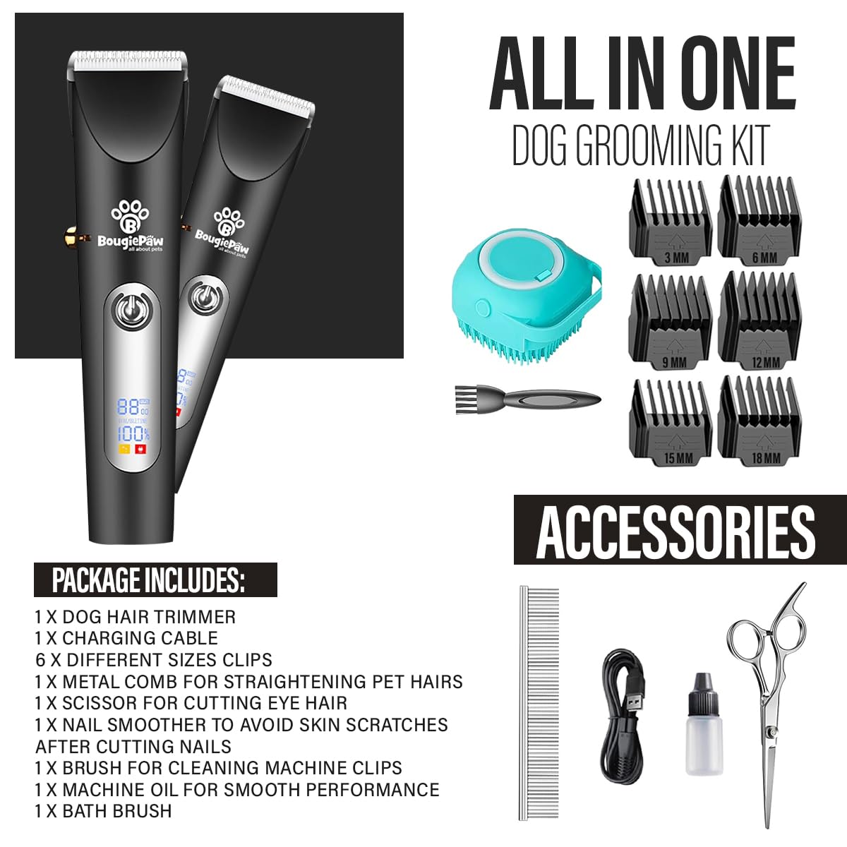 Bougiepaw Dog & Cat Clippers Grooming Kit - Rechargeable Low Noise Trimmer With Scissors | Cordless For Thick Coats & Bath Brush
