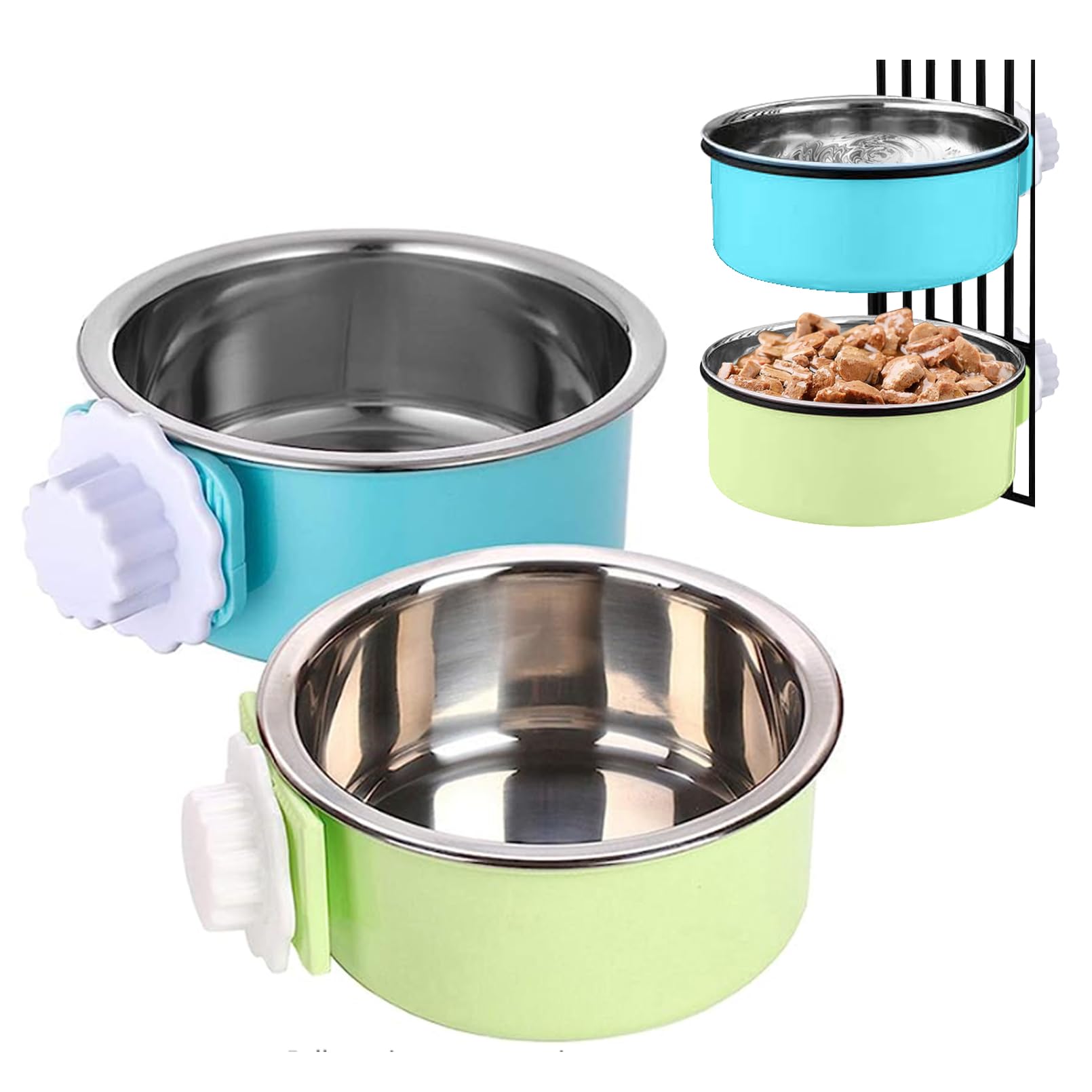 Tfwadmx Crate Dog Bowl Cat Removable Stainless Steel Food and Water Feeder Hanging Cage Bowls Coop Cup with Cleaning Set for Pet