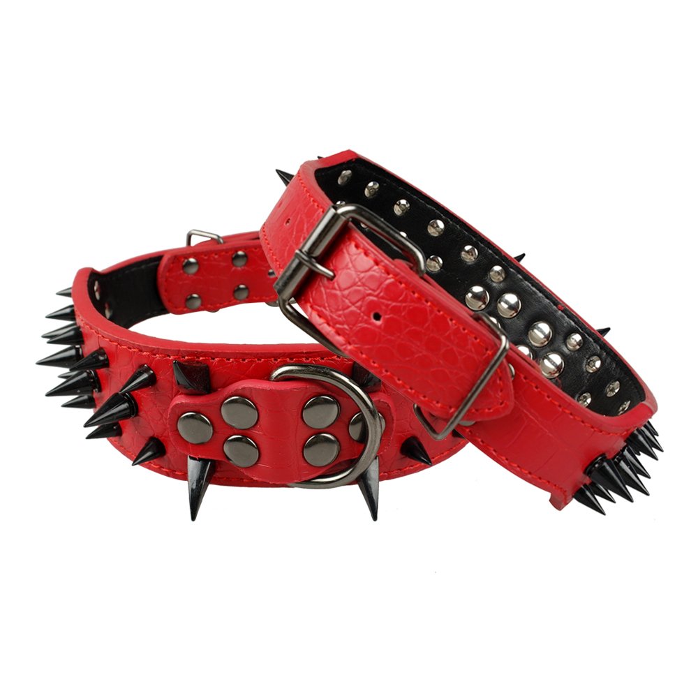 Berry Pet Sharp Spiked Studded Dog Collar - Stylish Leather Dog Collars - 2 Inch In Width Fit For Medium & Large Dogs - Such As Pitbull Mastiff - Black Rivets & Red Leather,21-24'