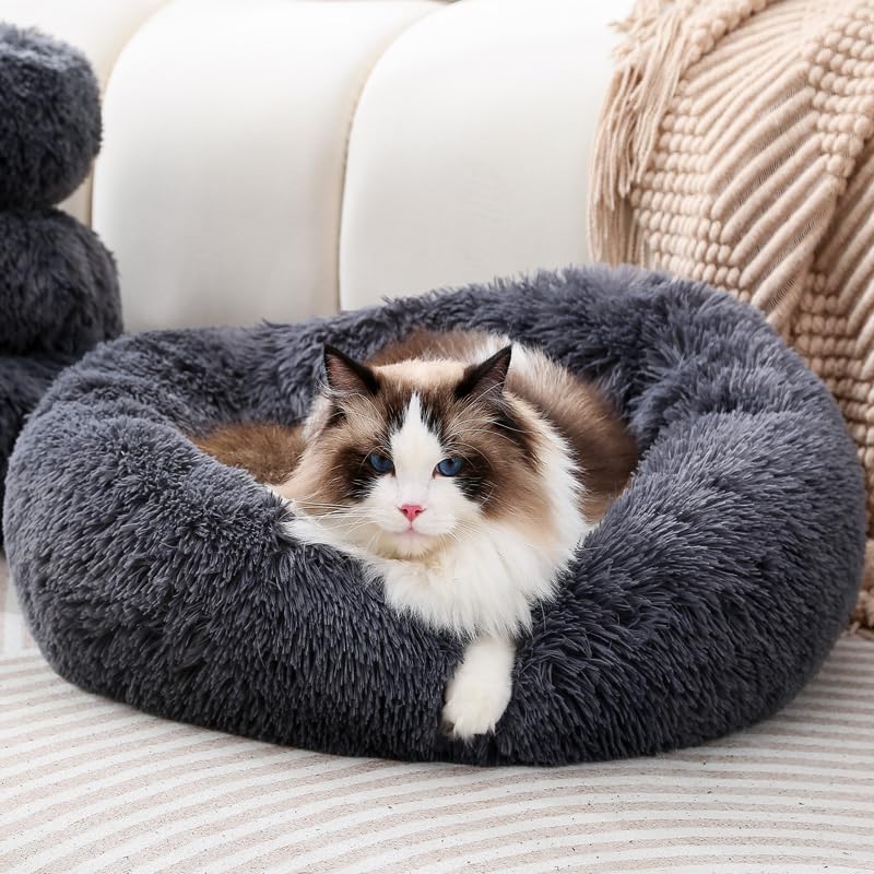 Round Dog Bed Fluffy Cat Bed Small Dog Bed Pet Bed Calming Donut Cat Bed Round Puppy Bed Calming Pet Bed Suit For 8Kg Dog And Ca