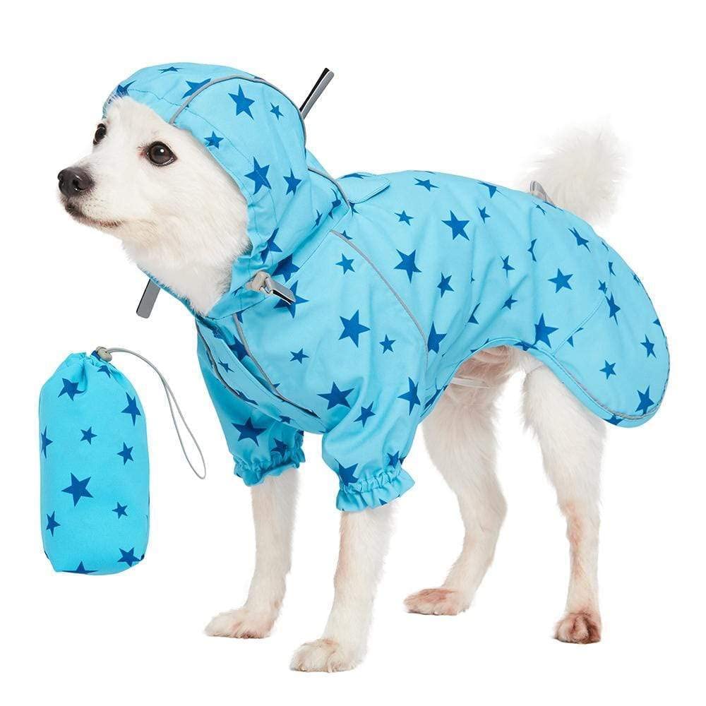 Blueberry Pet 14' Star Prints Lightweight Reflective Waterproof Dog Raincoat With Hood & Harness Hole, Blue, Outdoor Rain Gear Jacket 2 Legs For Dogs