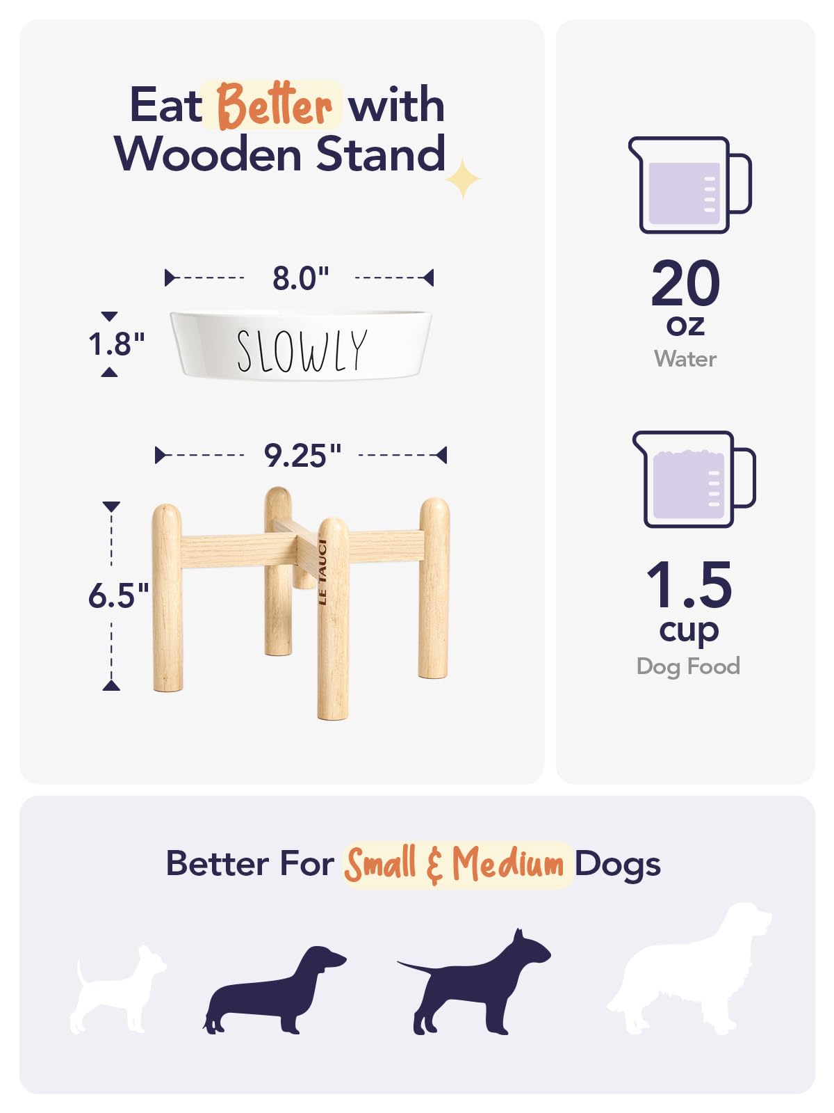 Ceramic Slow Feeder Dog Bowls Elevated For Small And Medium Breed, With Wooden Stand, 1.5 Cups To Slow Down Eating, Anti-Gulping