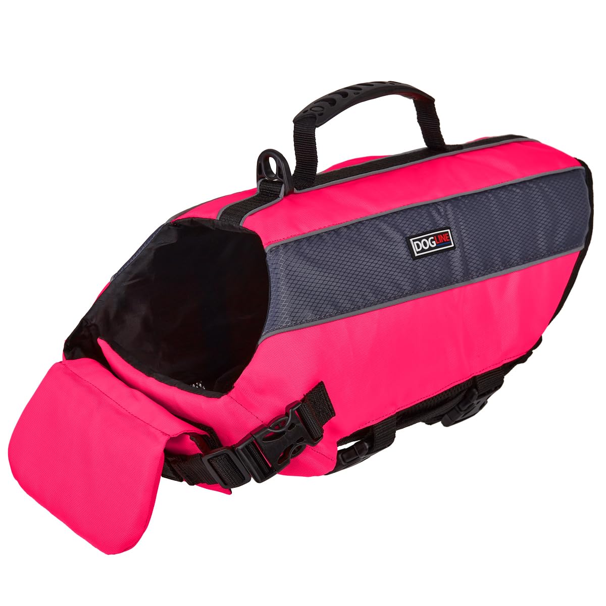 Dogline Dog Life Jacket – Dog Life Vest For Swimming And Boating In Hi-Viz Colors With Reflective Strips Mesh Underbelly For Draining And Drying And Top Carry Handle 17 To 22' Girth Neon Pink