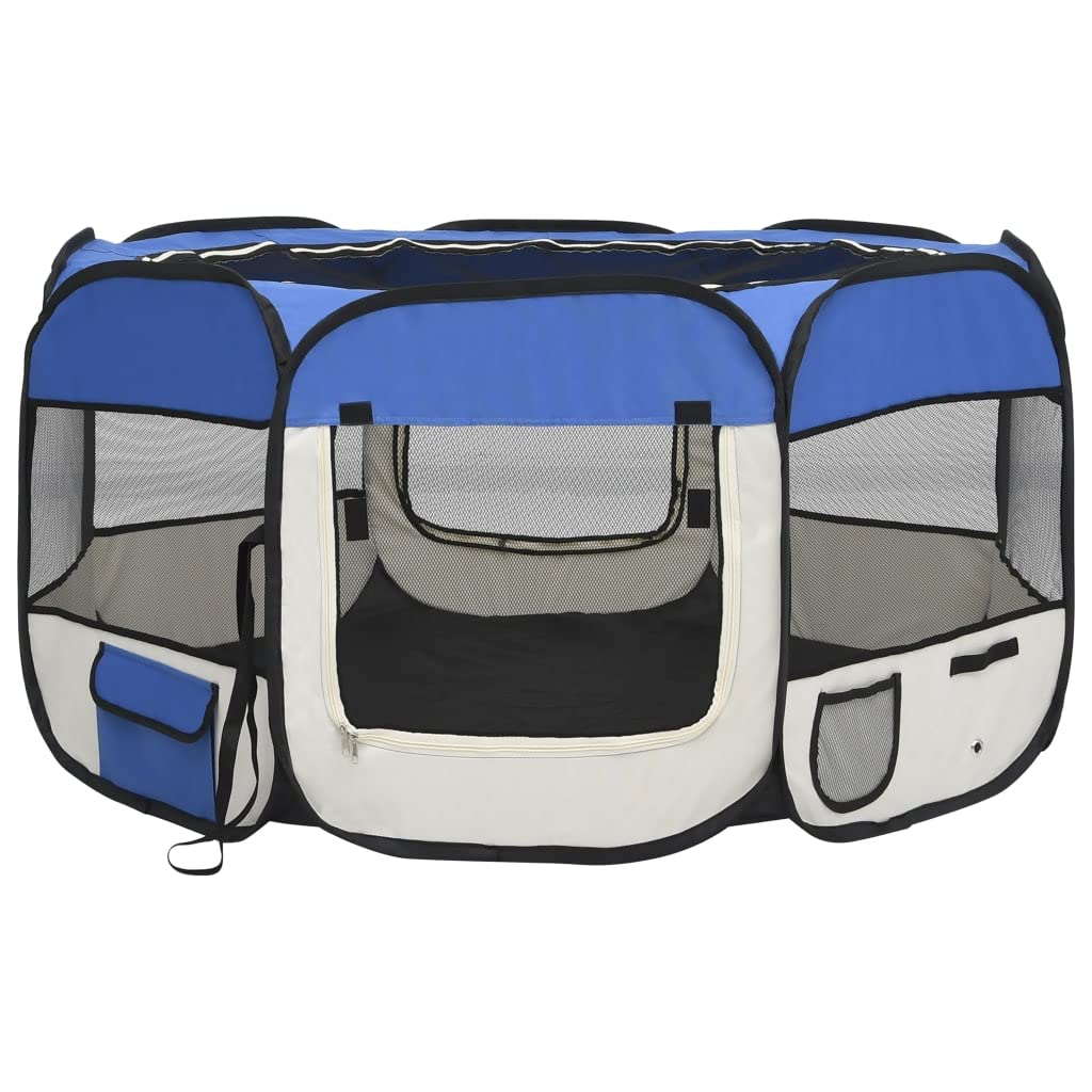 vidaXL Foldable Dog Playpen with Carrying Bag - Blue & Cream Dog Run Cage with Strong Steel Frame & Zippered Mesh Door - Ideal f