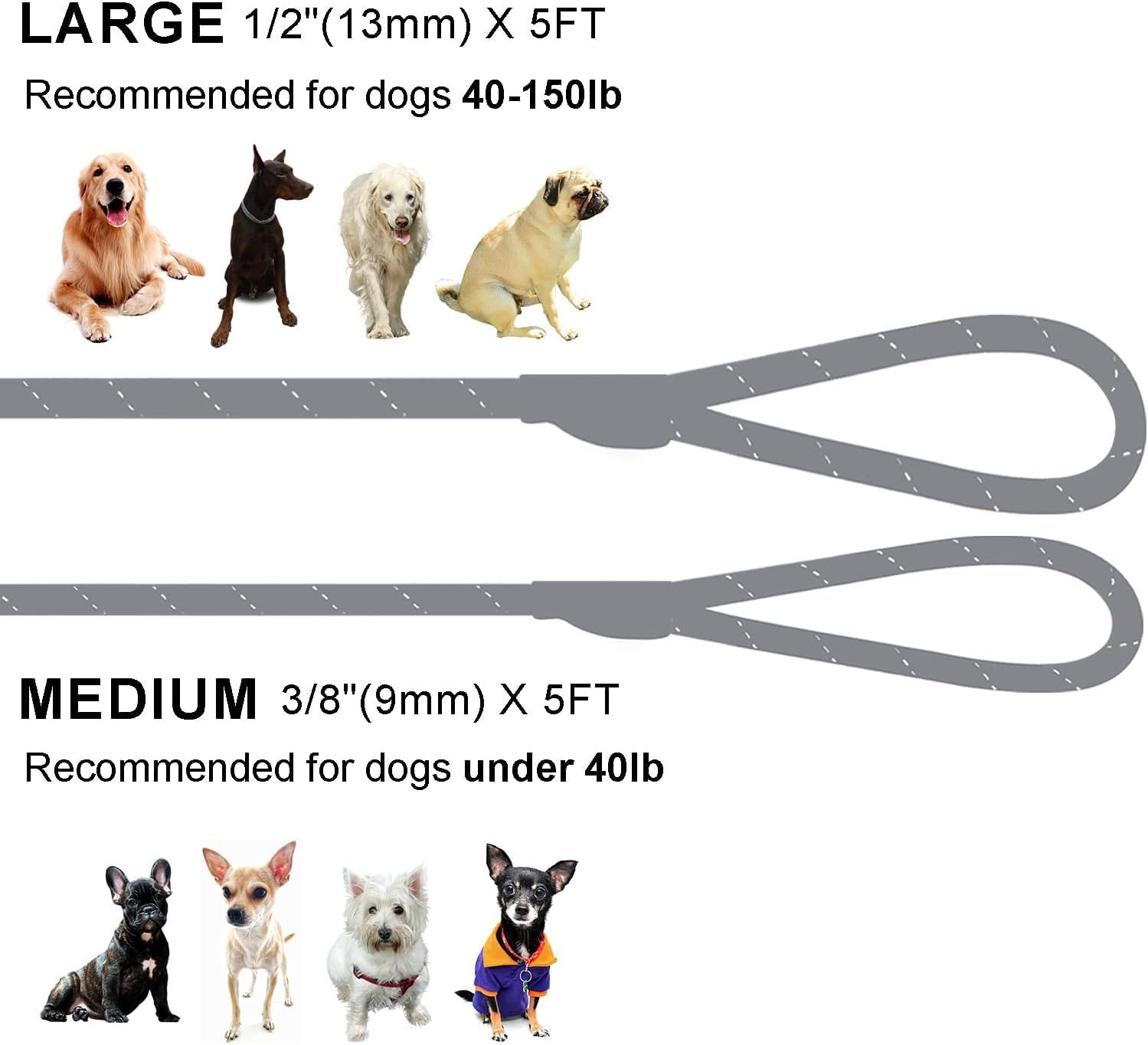 Slip Lead Dog Leash - 5Ft, 2 Sizes - Reflective Mountain Climbing Rope (Gray, 3/8)
