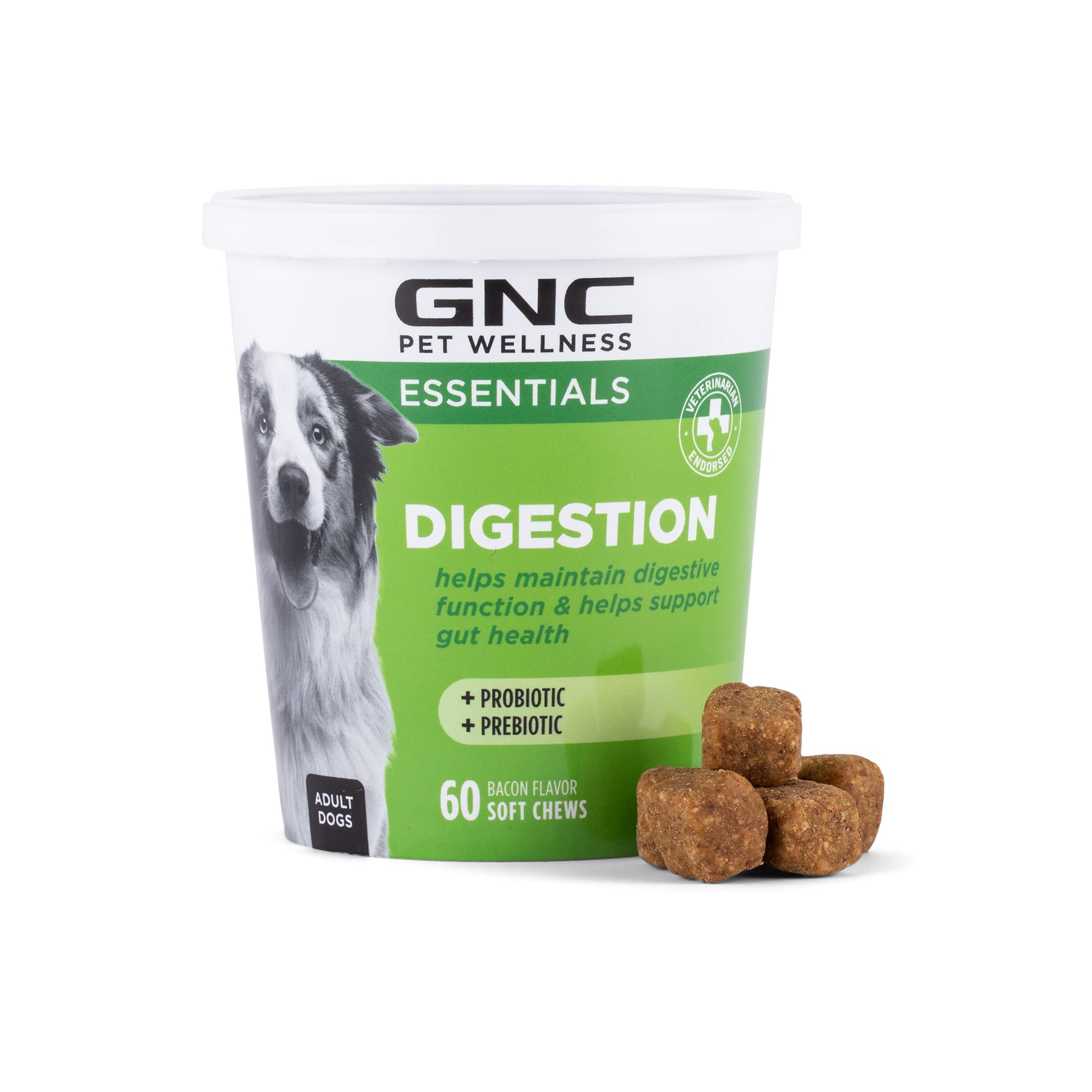 GNC Pets Essentials Digestion Dog Supplements, Probiotic Support Soft Chews in Bacon Flavor for Dogs, Daily Digestion Aid in Reu