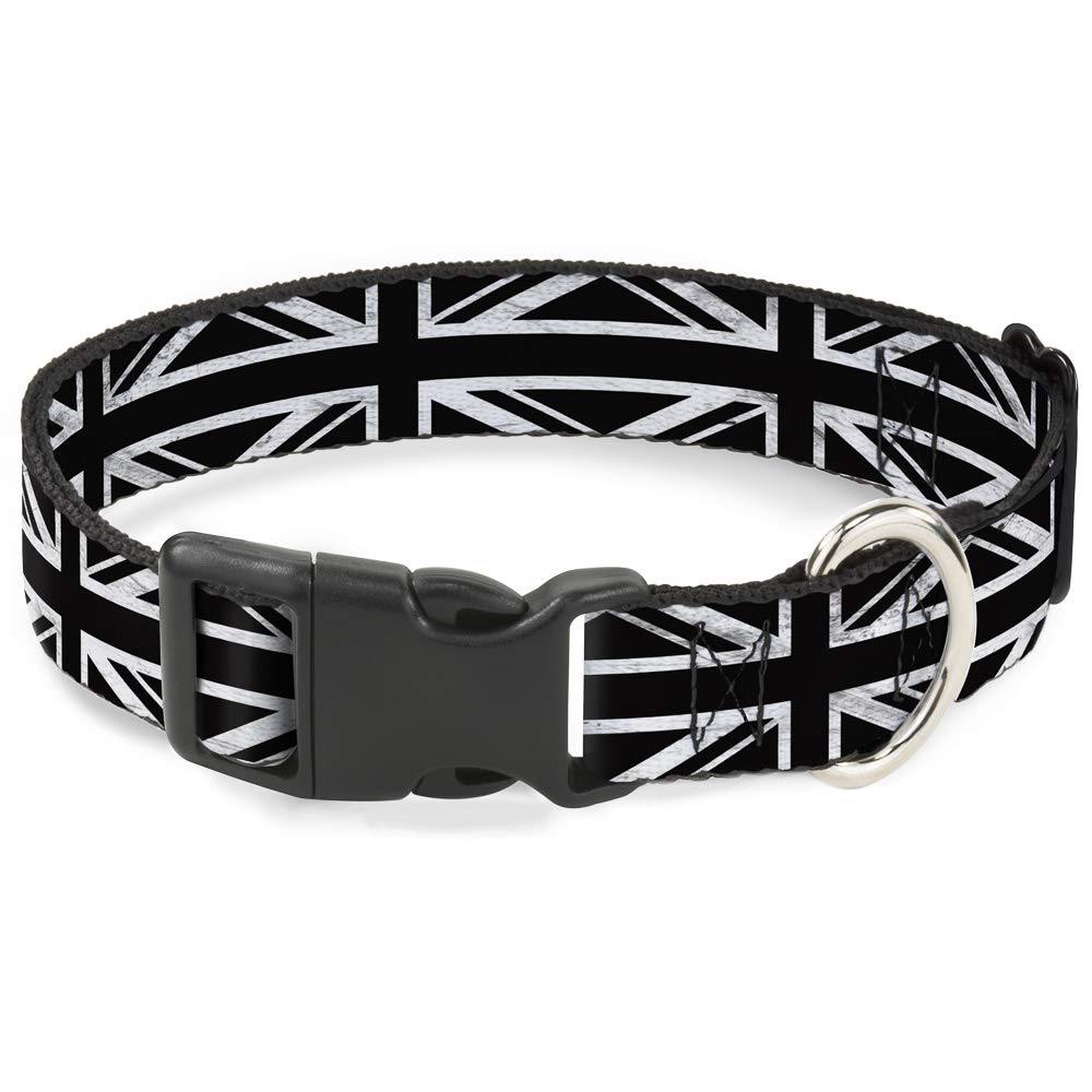 Buckle-Down Plastic Clip Collar - Union Jack Distressed Black/White - 1'' Wide - Fits 11-17'' Neck - Medium