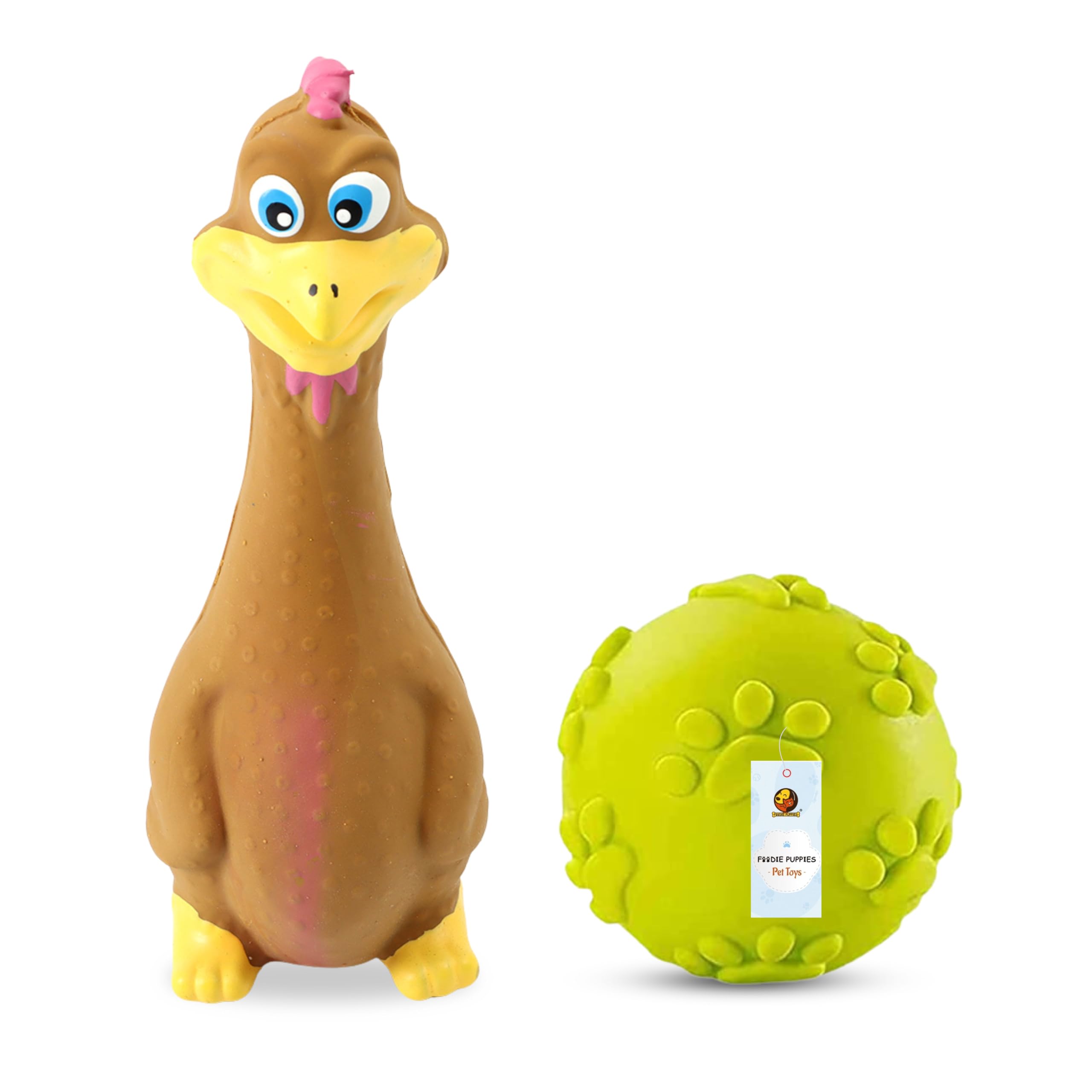 Foodie Puppies Dog Squeaky Toy Combo Of (Brown Duck + Claw Ball) | Natural Latex Rubber Toys For Small Dogs & Puppies | Durable,