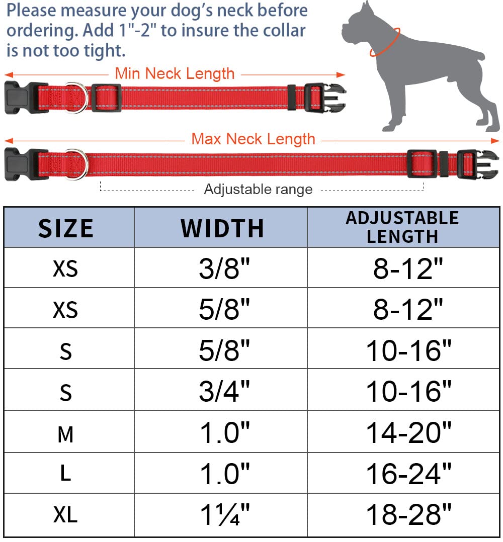 Taglory Reflective Adjustable Dog Collars For Puppy Small Medium Large Dogs, Thin Nylon Webbing And Quick Release Plastic Buckle(Red,Large)