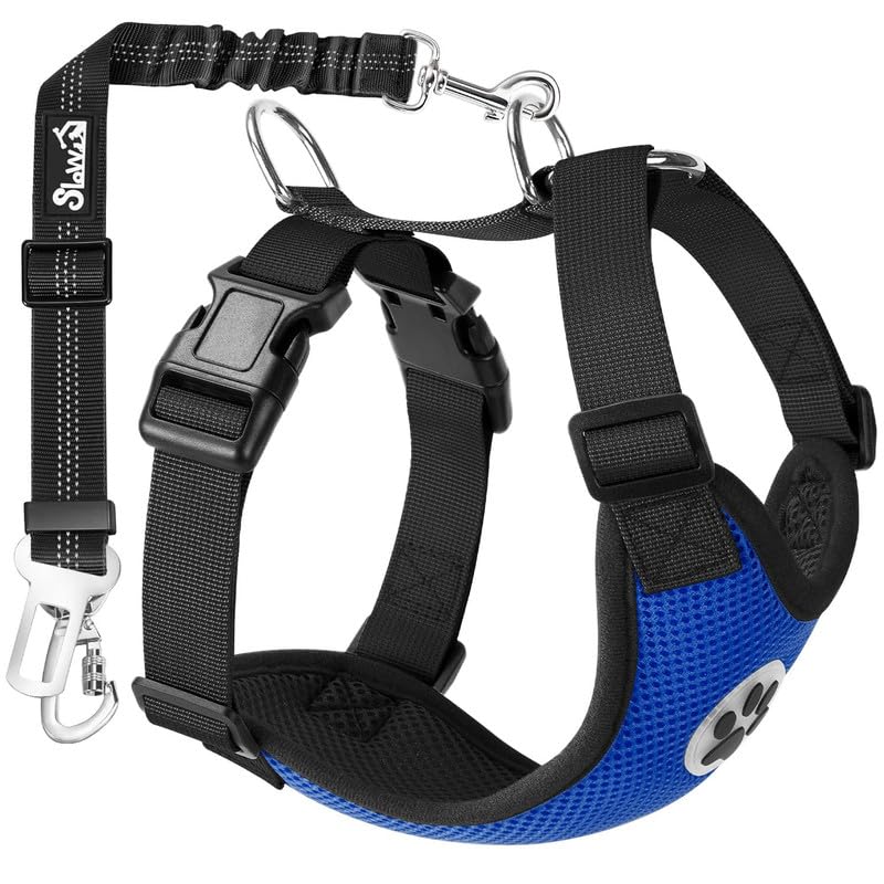 Slowton Dog Seat Belt Harness For Car, Dog Car Harness Adjustable Mesh Breathable & Dog Seatbelt Safety Tether With Elastic Bungee For Small Medium Large Pets(Blue, Double Clip, Xxs)