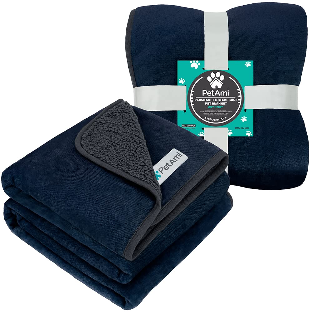 Petami Waterproof Dog Blanket For Small Medium Dogs, Pee Proof Pet Blanket Sherpa Fleece Couch Cover, Reversible Cat Throw Bed Sofa Protector, Soft Plush Washable Pad (Medium 29X40, Blue/Gray)