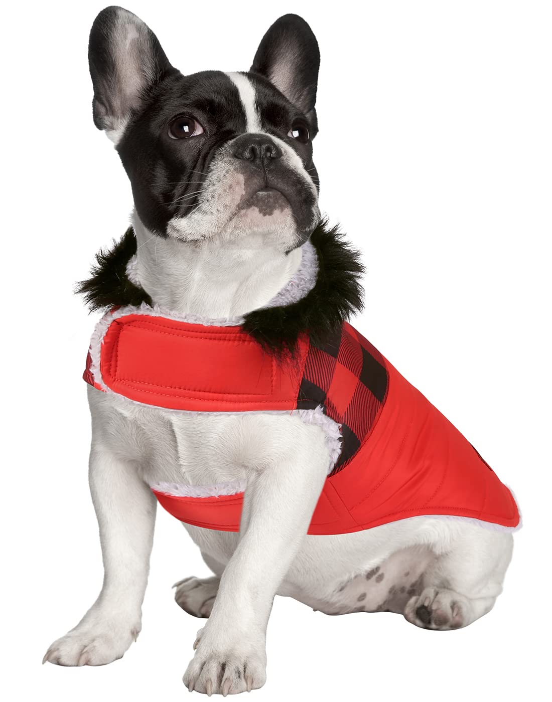 Hde Dog Puffer Jacket Fleece Lined Warm Dog Parka Winter Coat With Harness Hole Buffalo Plaid - M