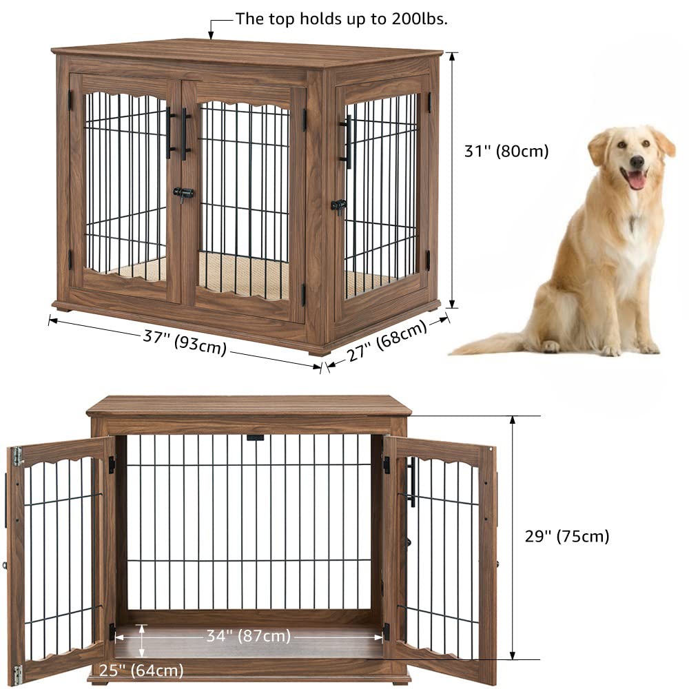 Beenbkks Furniture Style Dog Crate End Table, Double Doors Wooden Wire Dog Kennel With Pet Bed, Decorative Pet Crate Dog House Indoor Medium Large