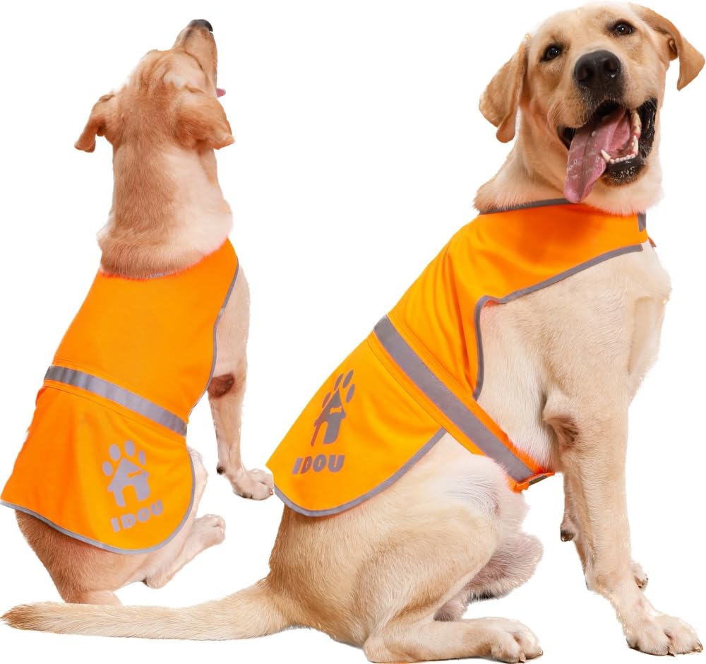 Idou 2 Pieces Orange Reflective Dog Safety Vest - High Visibility For Walking, Jogging & Training - Size M