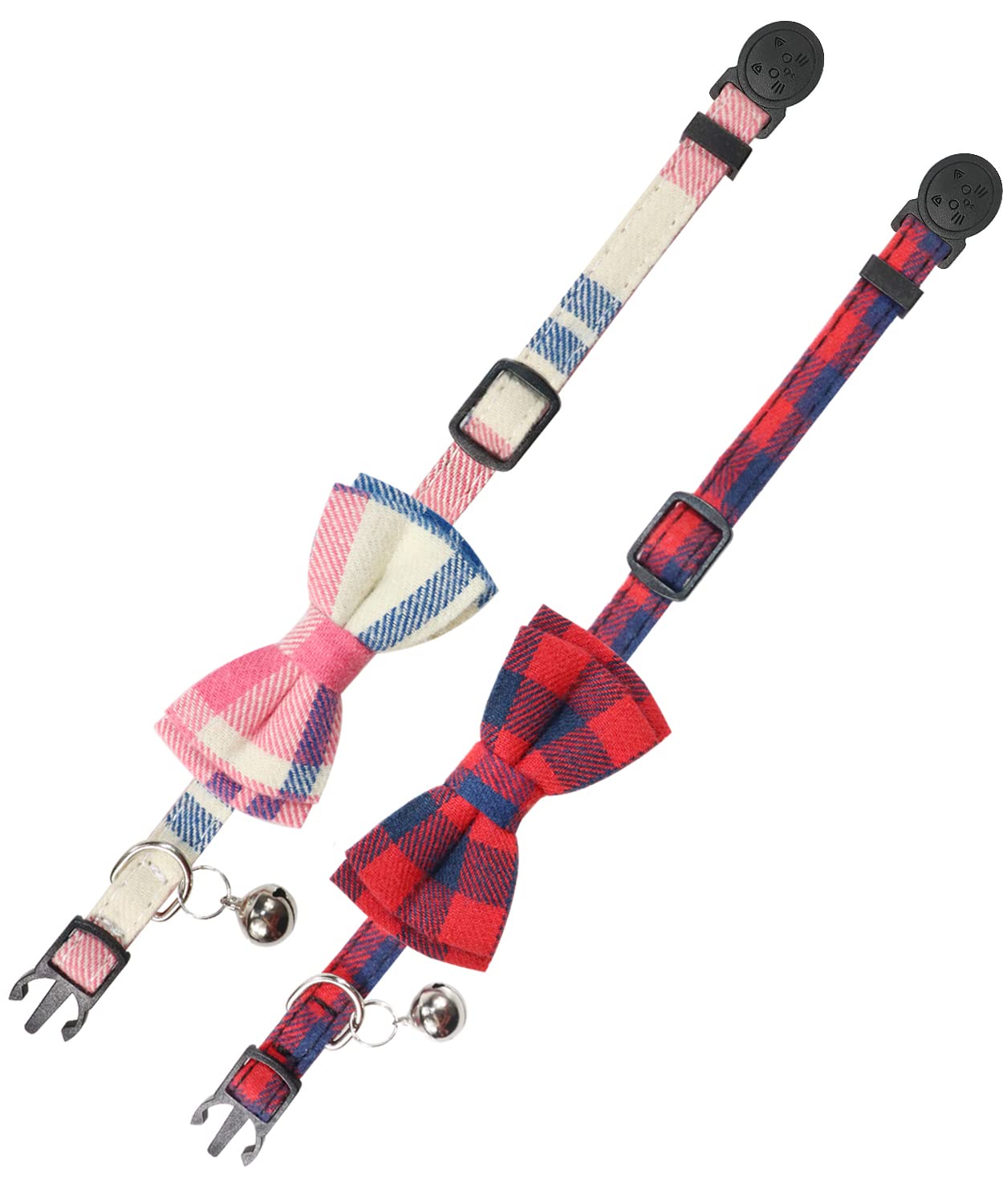 Joytale Upgraded Cat Collar With Bells, Breakaway Cat Collars With Bow Tie, 2 Pack Girl Boy Safety Plaid Kitten Collars, Pink+Re