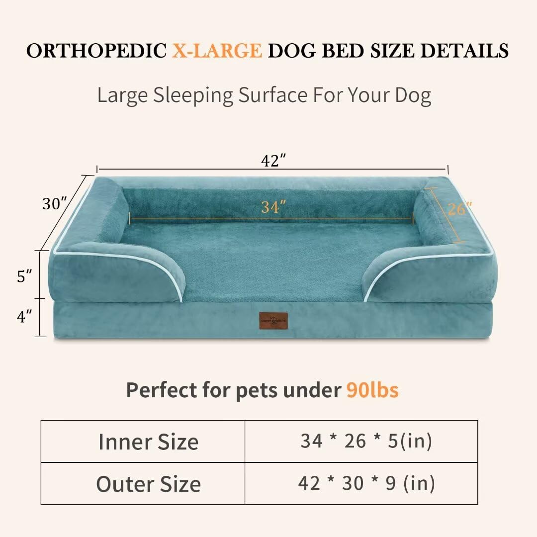 Comfort Expression Orthopedic Foam Xl Dog Beds Waterproof, Extra Large Dog Bed With Bolster, Washable Dog Bed Sofa Pet Bed With Removable Cover & Non-Slip Bottom(X-Large,Washed Blue)