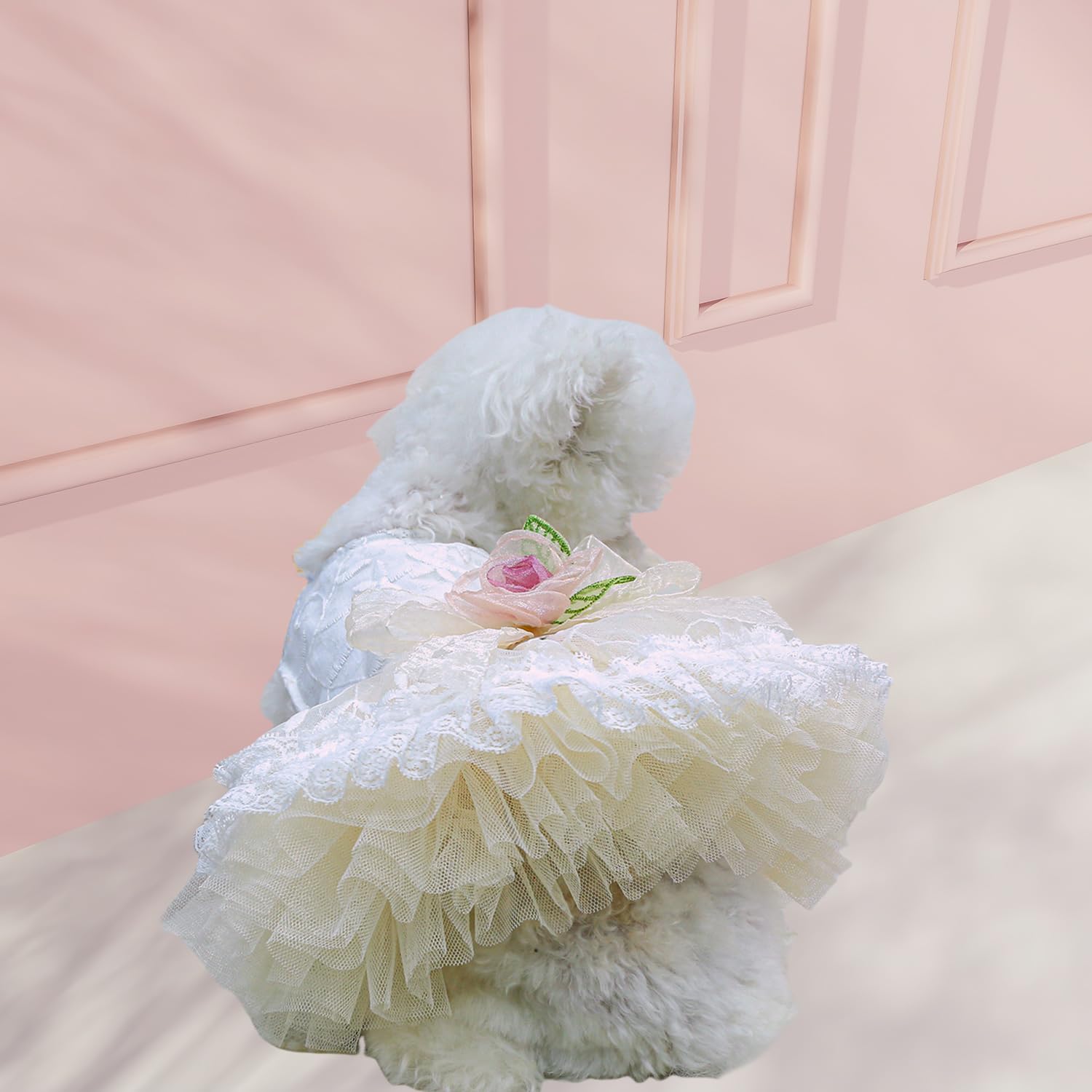 Fladorepet Luxury Rose Lace Dog Dress With Leash Ring,Pet Bride Costume Clothes For Small Dogs Girls,Formal Dog Wedding Party Dr