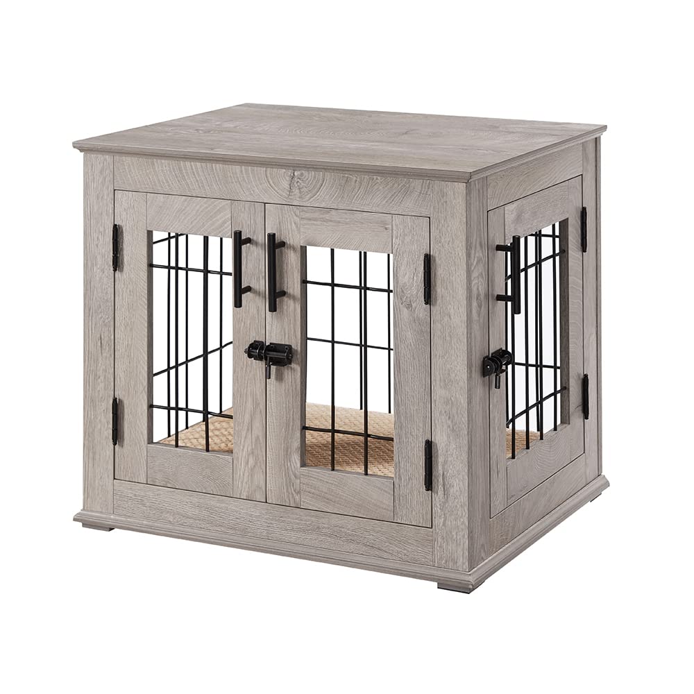 Beenbkks Furniture Style Dog Crate End Table, Double Doors Wooden Wire Dog Kennel With Pet Bed, Decorative Pet Crate Dog House Indoor Medium Large