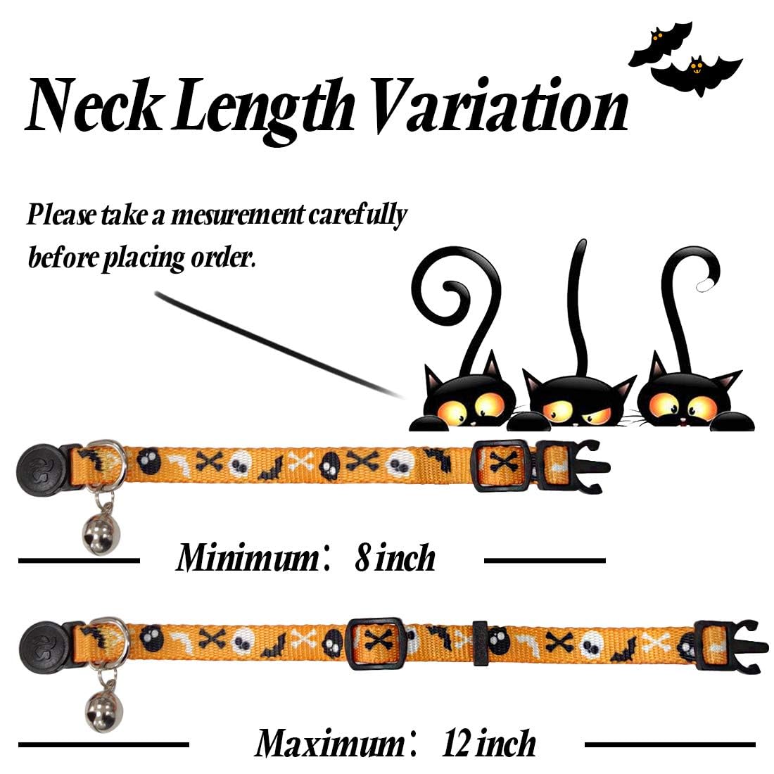 Azuza 4 Pack Halloween Kitten Collars Breakaway With Bells, Adjustable Cat Collars With Safety Buckle,Adjustable From 6'-8', Skull And Crossbones,Ghosts, Spider And Pumpkin Prints