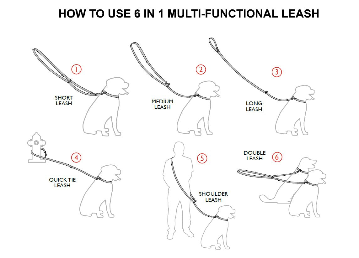 Dogs My Love 1' Wide Cotton Web 6-Way European Multi-Functional Dog Leash, Adjustable Lead 45'-78' Long, Large (Black)