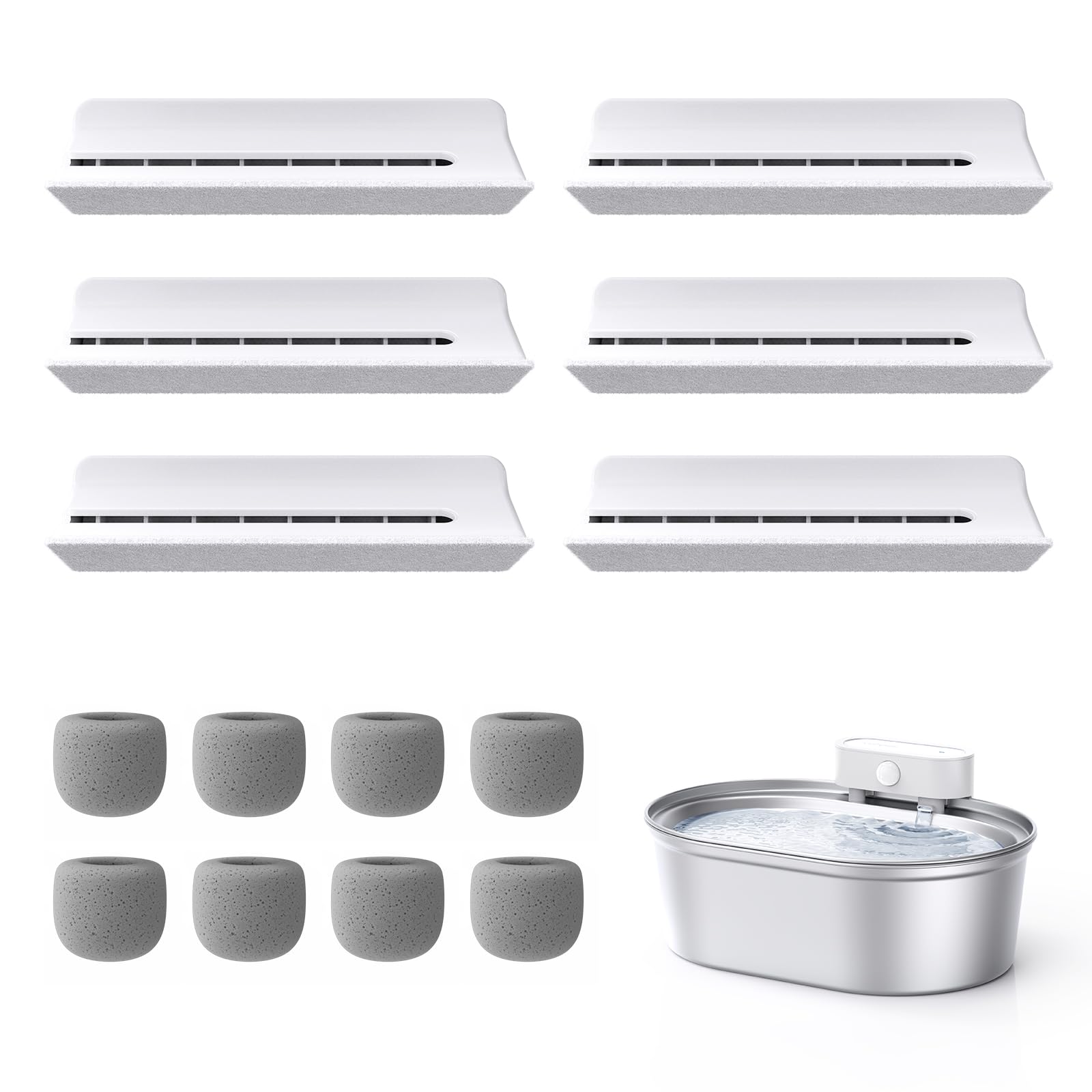 uahpet Stainless Steel Cat Water Fountain Replacement Filters 6 Pack with 8 Filter Sponges (water dispenser is not included), Co