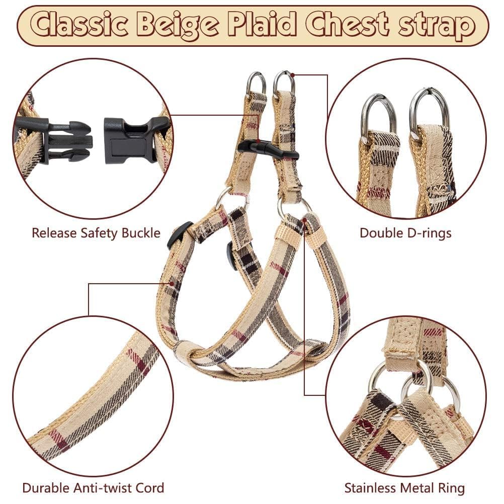 Bingpet Dog Harness Collar Leash Set,Adjustable No Pull Escape Proof Small Dog Harness,Classic Plaid Puppy Harness And Leash Set For Small Medium Large Dogs Training Easy Walk Running(Beige,S)