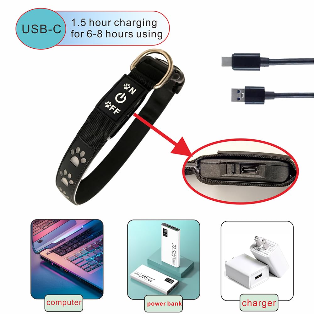 Dogled Led Light Up Dog Collar, Usb-C Rechargeable, Multicolor Paw Print Design, 15 Modes Lighting Night Safety (Black, S(7.87-1