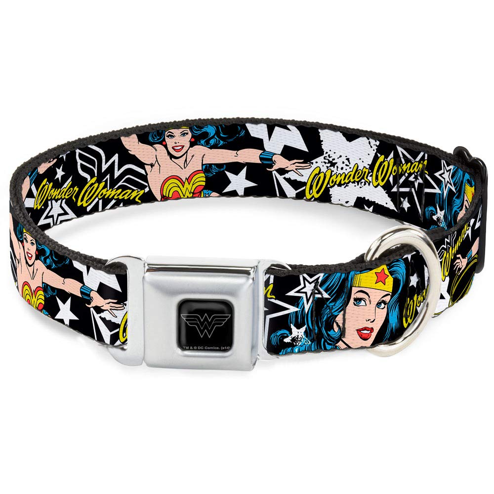 Buckle-Down Seatbelt Buckle Dog Collar - Wonder Woman/Stars Black/White - 1.5' Wide - Fits 18-32' Neck - Large