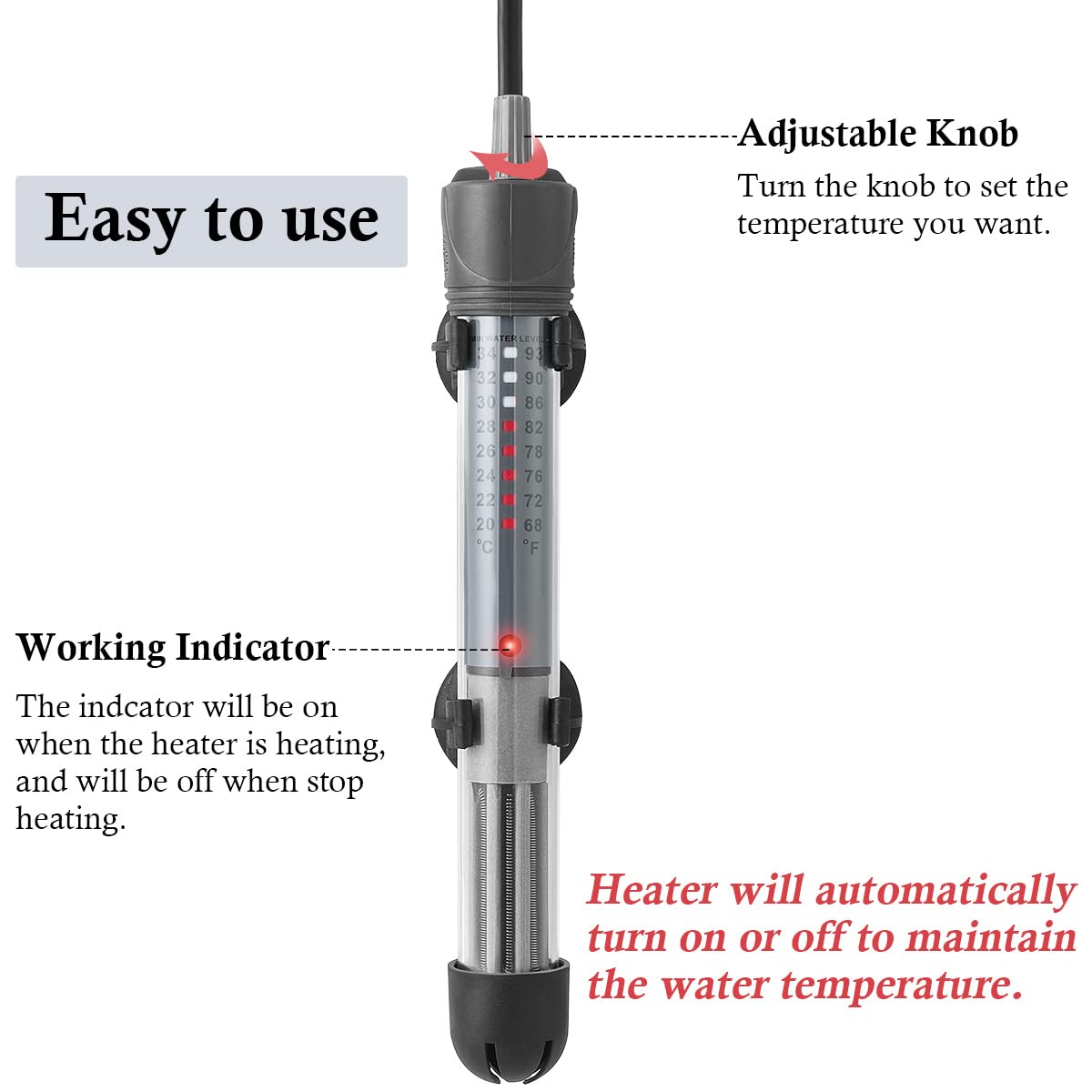 Hitop 25W 50W 100W 200W 300W Adjustable Aquarium Heater, Submersible Fish Tank Heater Thermostat With Suction Cup (50W)