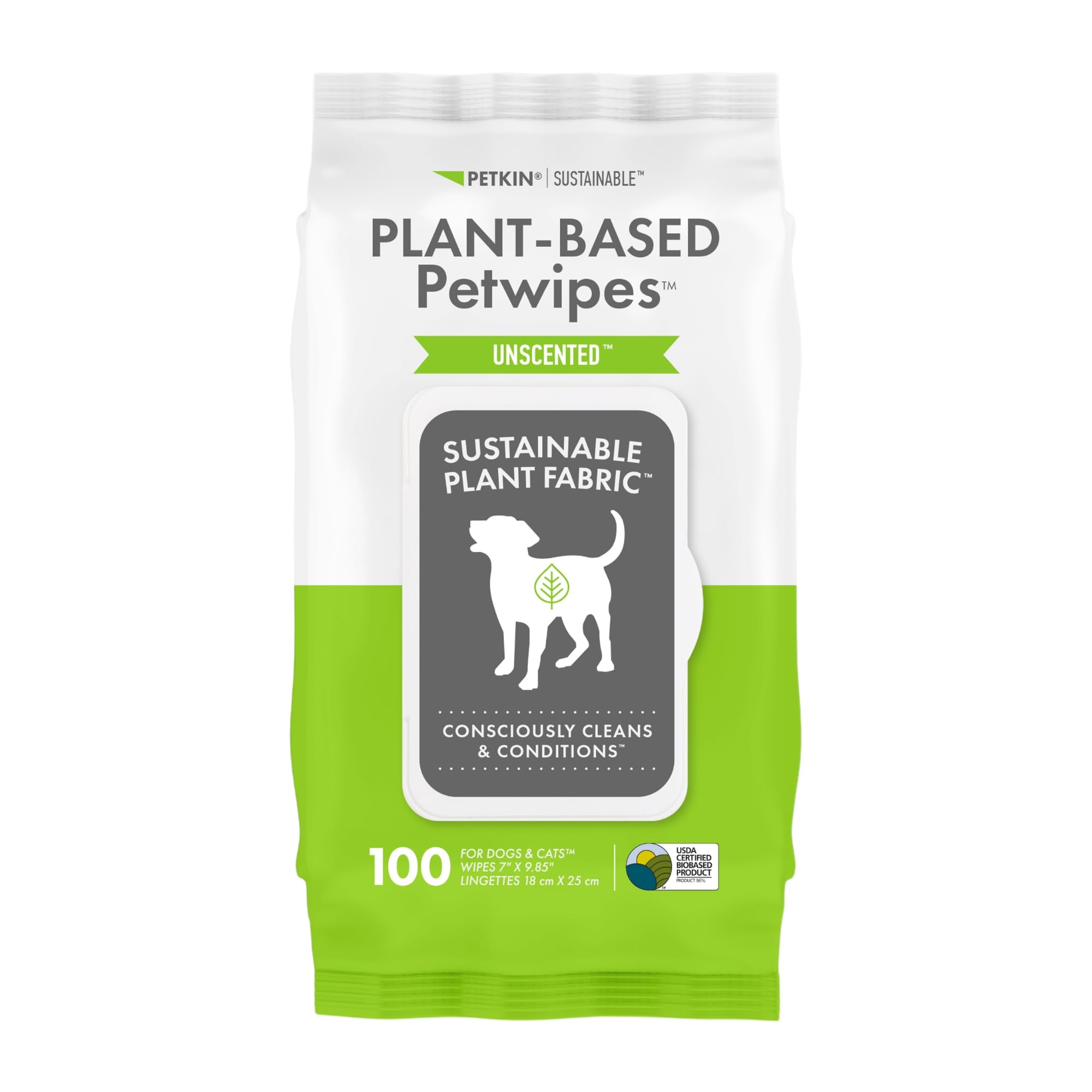 Petkin Plant-Based PetWipes, 100 Wipes - Biobased, Sustainable, Big & Thick Pet Wipes for Dogs & Cats - for Face, Paws, Ears, Bo