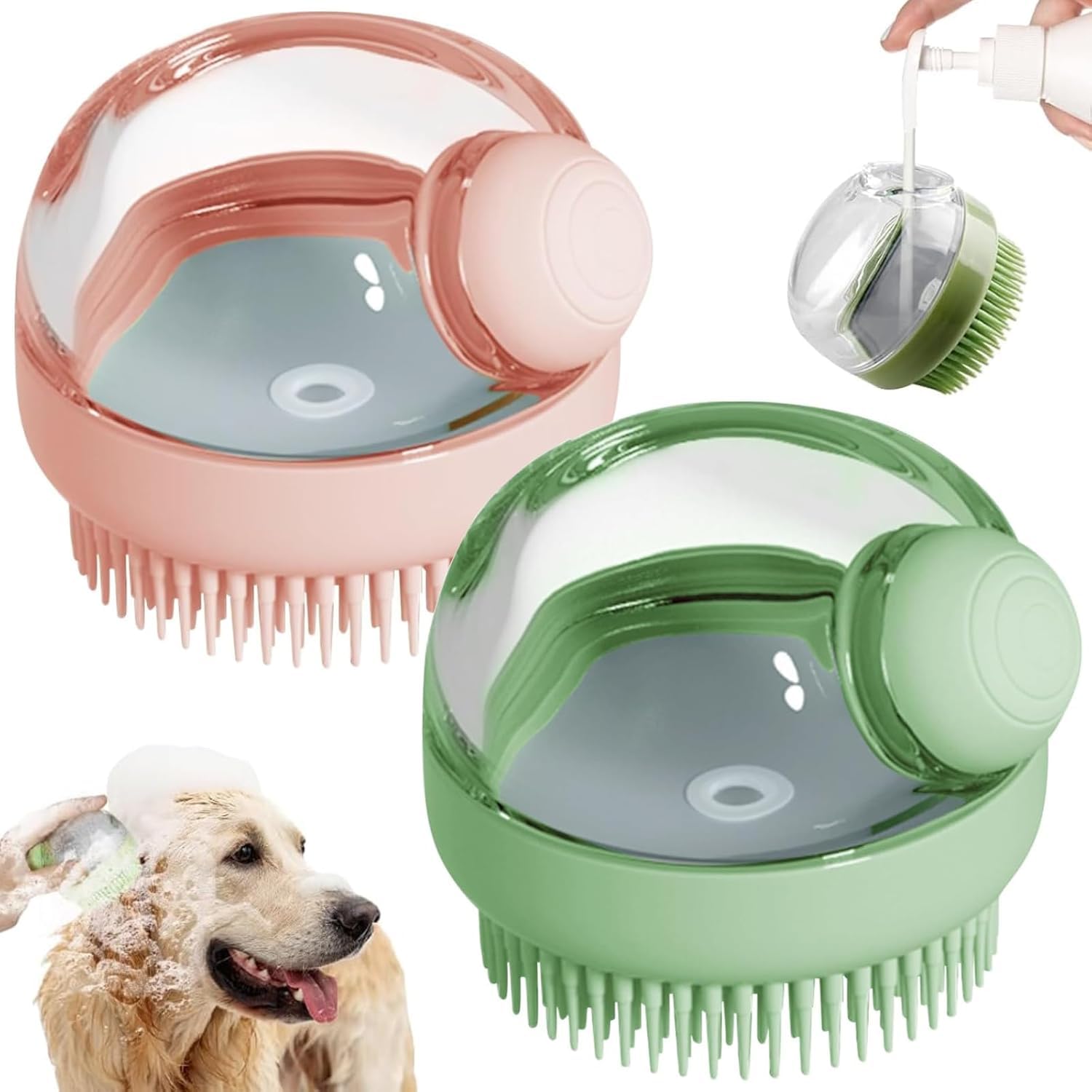 Swenrix Dog Bath Scrubber Brush, 2 Pcs Pet Dog Grooming Massage Shampoo Bath Brush With Soap And Shampoo Dispenser Soft Silicone