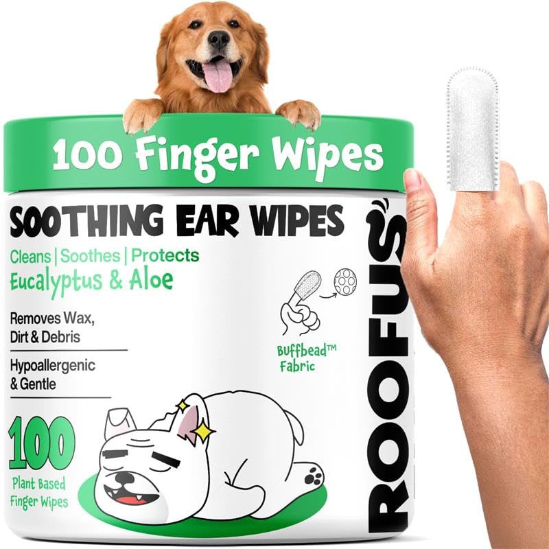 ROOFUS THE DOG Dog Ear Cleaner Wipes 100 Counts  Pet Ear Wipes to Remove Wax, Dirt, Relieve Ear Itching & Inflammation for Dogs