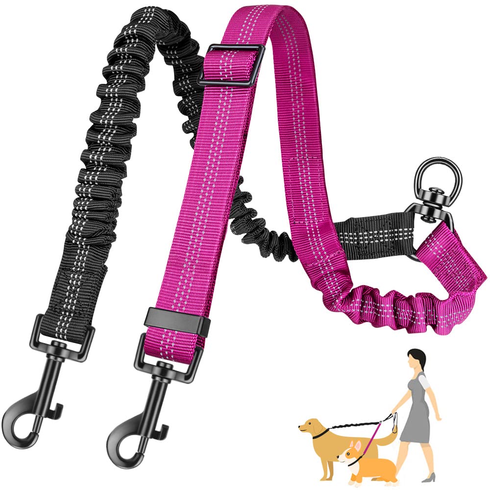 Autowt Two Dog Lead, 2 In 1 Upgraded Double Dog Leash Attachment Combine Adjustable Strap And Shock Absorbing Bungee No Tangle D