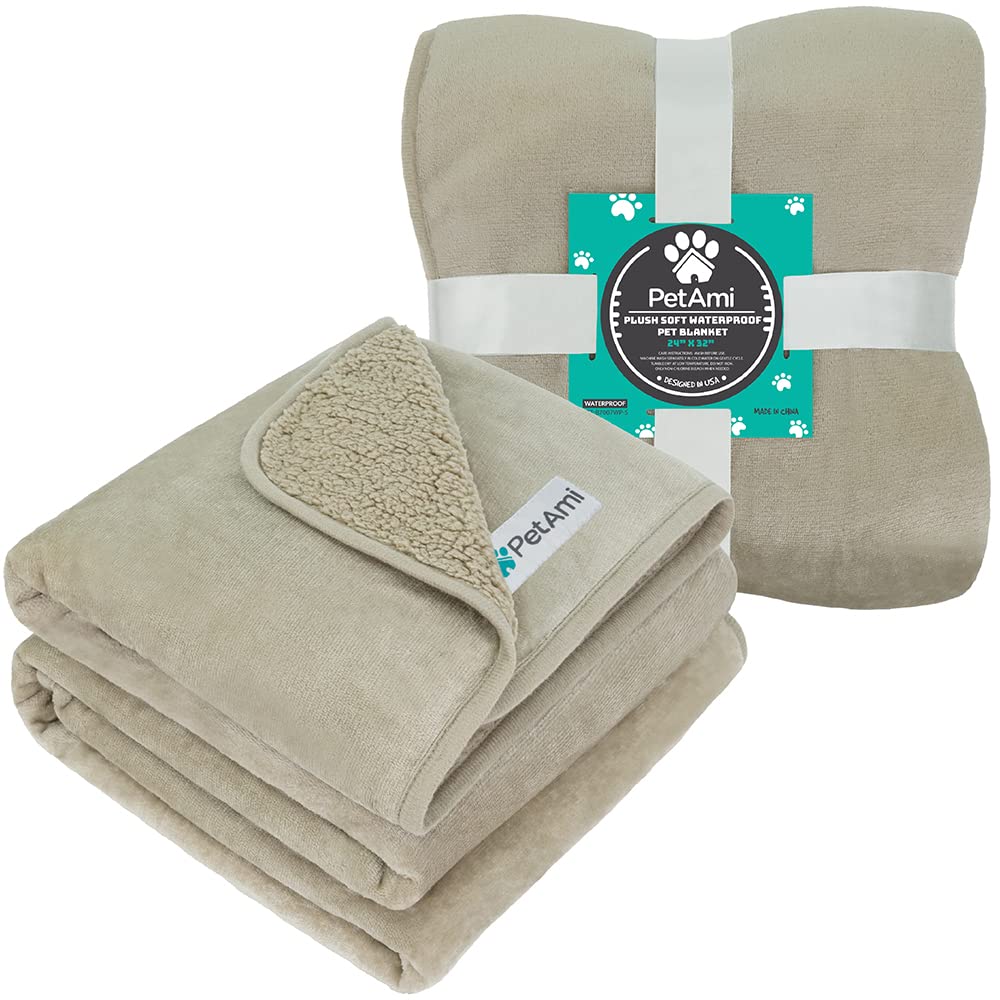 Petami Waterproof Dog Blanket For Small Medium Dogs, Pee Proof Pet Blanket Sherpa Fleece Couch Cover, Reversible Cat Throw Bed Sofa Protector, Soft Plush Washable Pad (Small 24X32, Taupe)