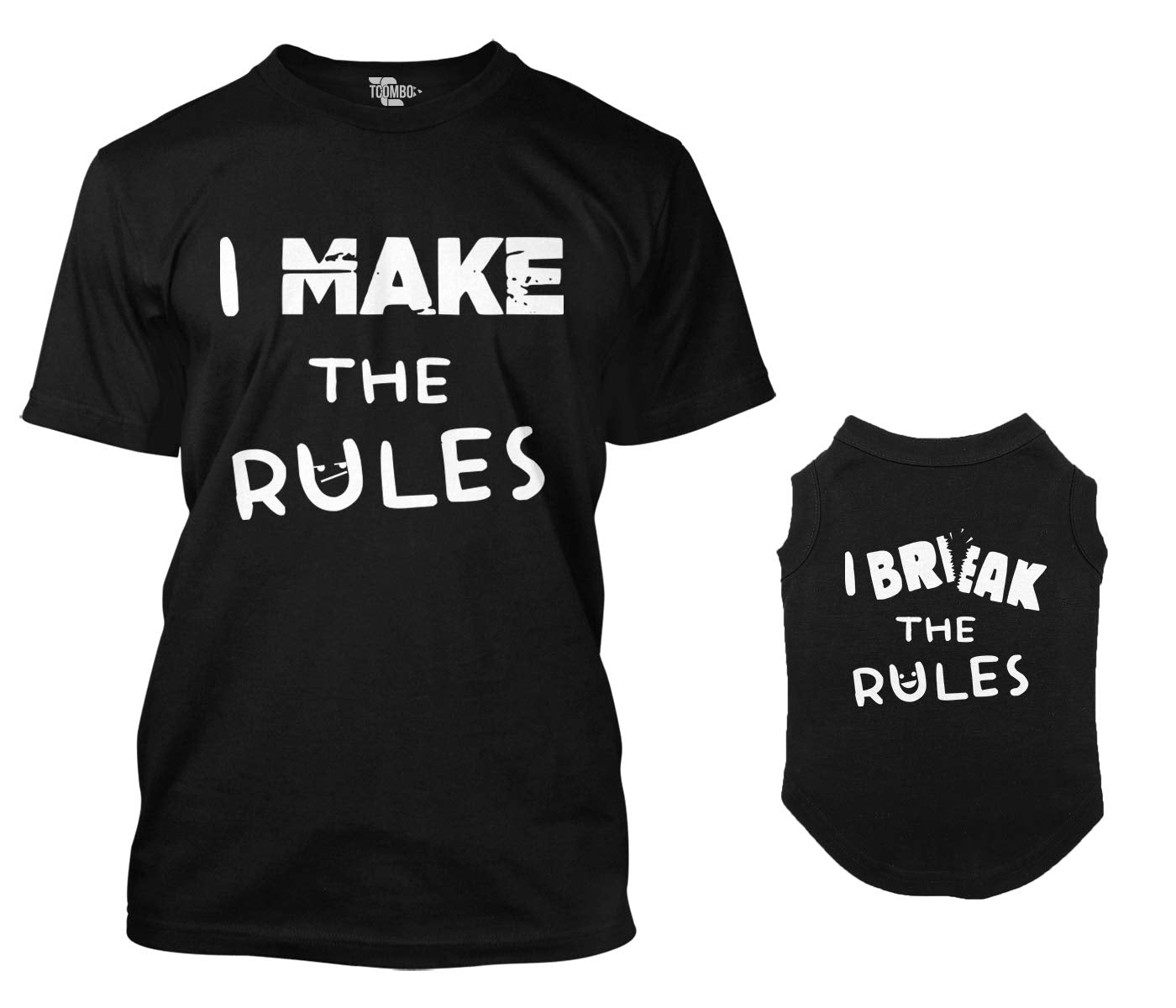 I Make The Rules/I Break The Rules Matching Dog Shirt & Owner T-Shirt (Black, Large Mens/Small Dog)