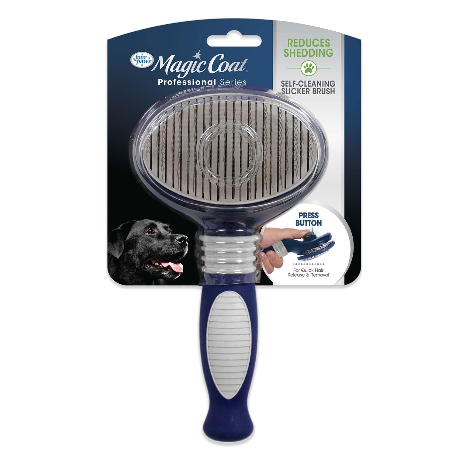 Four Paws Slicker Brush, Professional Series Grooming Brush For Dogs & Cats, Self-Cleaning, Reduces Shedding, All Coat Types, Blue & Grey