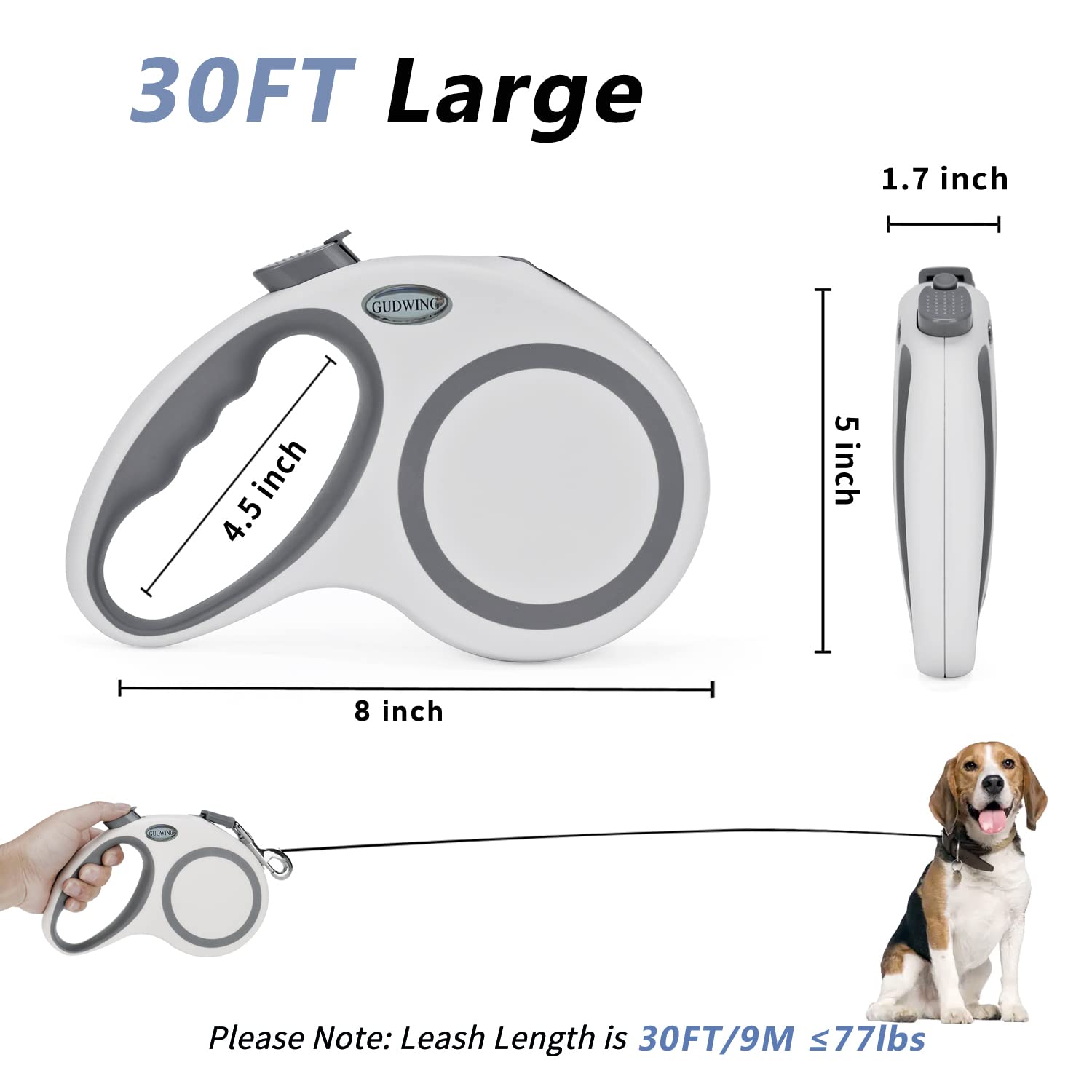 GUDWING Retractable Dog Leash 30 FT for Medium Large Dogs, Heavy Duty, No Tangle, White, Model GW