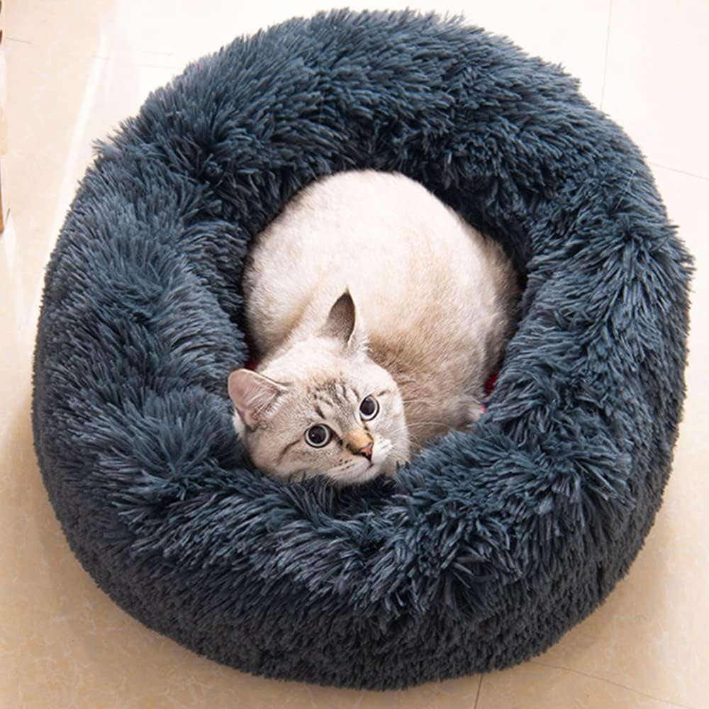 Kitty City Cat Beds - Washable 20/24 Inch, Anti-Anxiety Round Faux Fur, Thick Bottom (Dark Grey, Medium) For Indoor Cats & Small Dogs