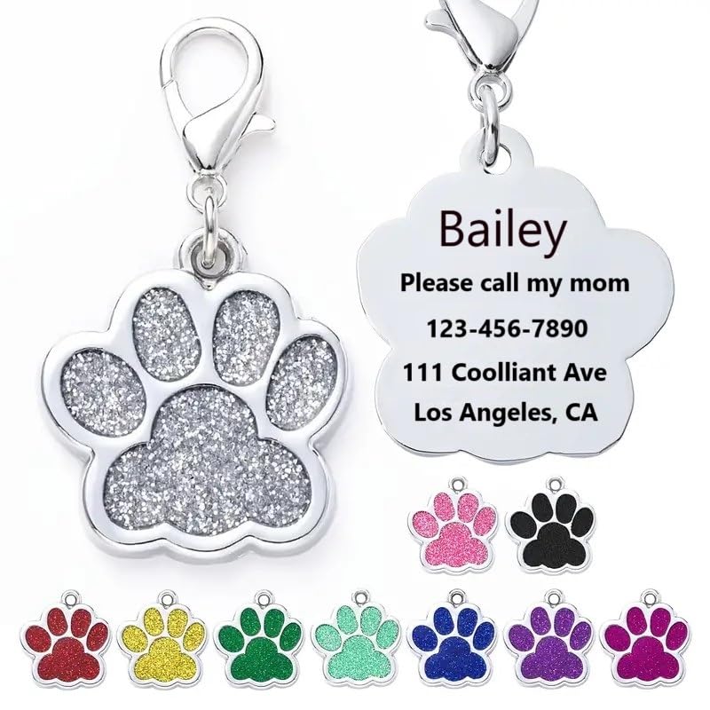 Coolliant Cute Personalized Pet Name Tags - Glitter Custom Pet Id, Dog Id Tags Engraved, Paw-Shaped Small: Green