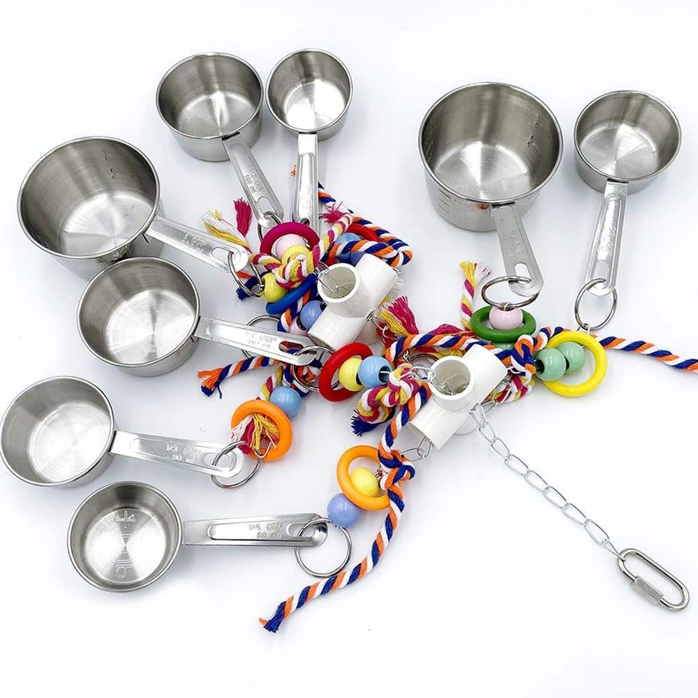 Gilygi New Upgraded Metallic Pots And Multicolored Ring Toys, Pullable 8 Stainless Steel Cups And 8 Wooden Ring Toys For Large And Extra Large Parrot Amazons Macaws African Greys Cockatoos Eclectus
