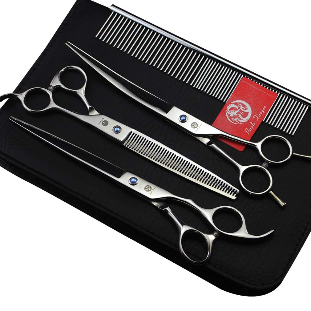 Purple Dragon 8.0 Inch Dog Hair Cutting, Curved And Thinning Scissor Shears Pet Grooming Tool Kit