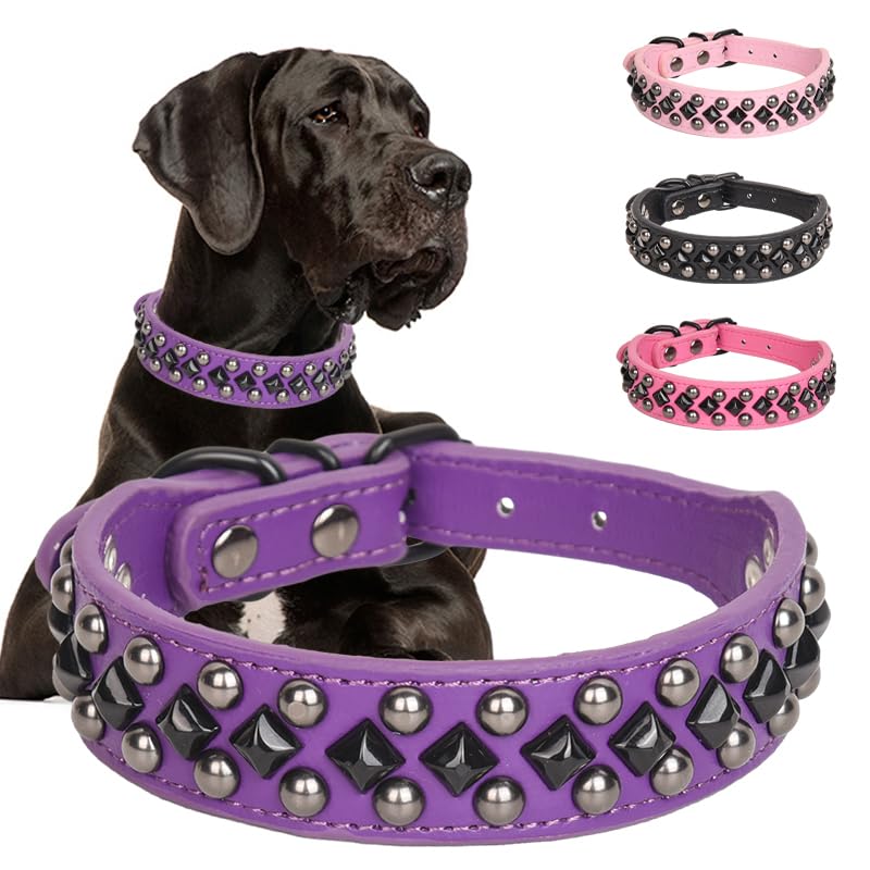 Spiked Studded Dog Collar Soft Pu Leather Spike Dog Collar Adjustable Pet Collars For Small Medium Large Dogs (Purple, M)