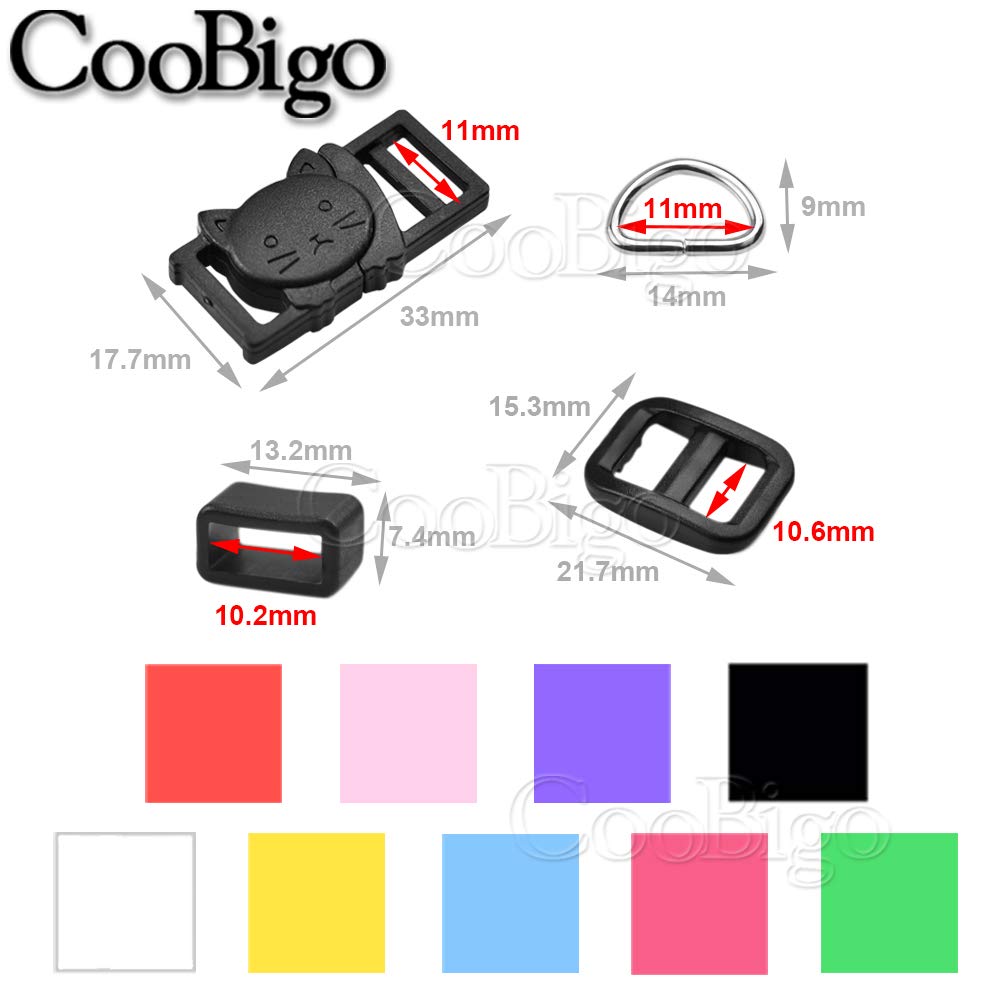 CooBigo Cat-Head Breakaway Buckle Set - 10 Assorted Tri-glide Slider Buckles, 11mm Plastic D-ring for DIY Cat Collar