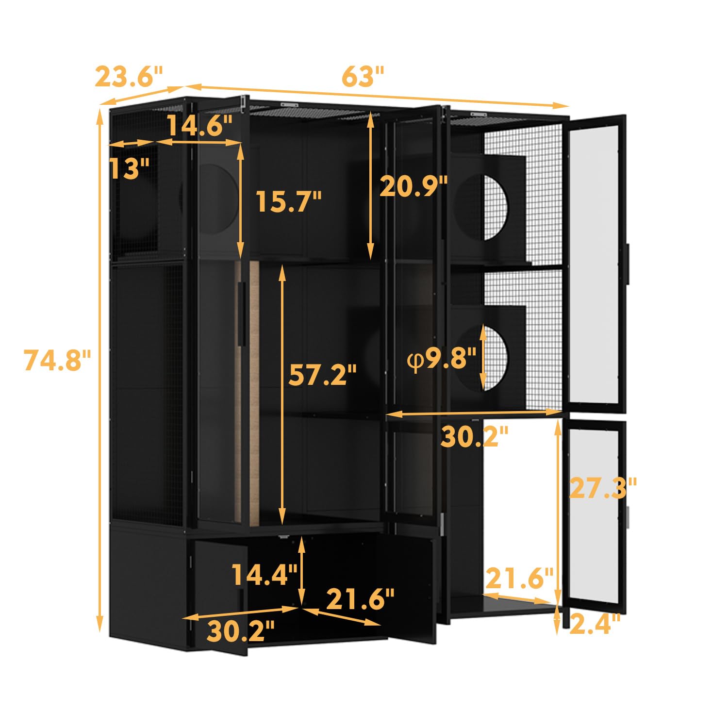 Dawnspaces 63 Cat Litter Box Enclosure, Extra Large Hidden Decorative Litterbox Cabinet Furniture With 3 Rooms, Acrylic Doors