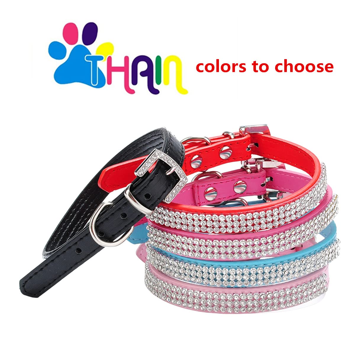Thain Basic Adjustable Dog Cat Collar Bling Rhinestones Shing Diamonds Pu Leather With Rhinestones Buckle (L(Length 15''-18''),