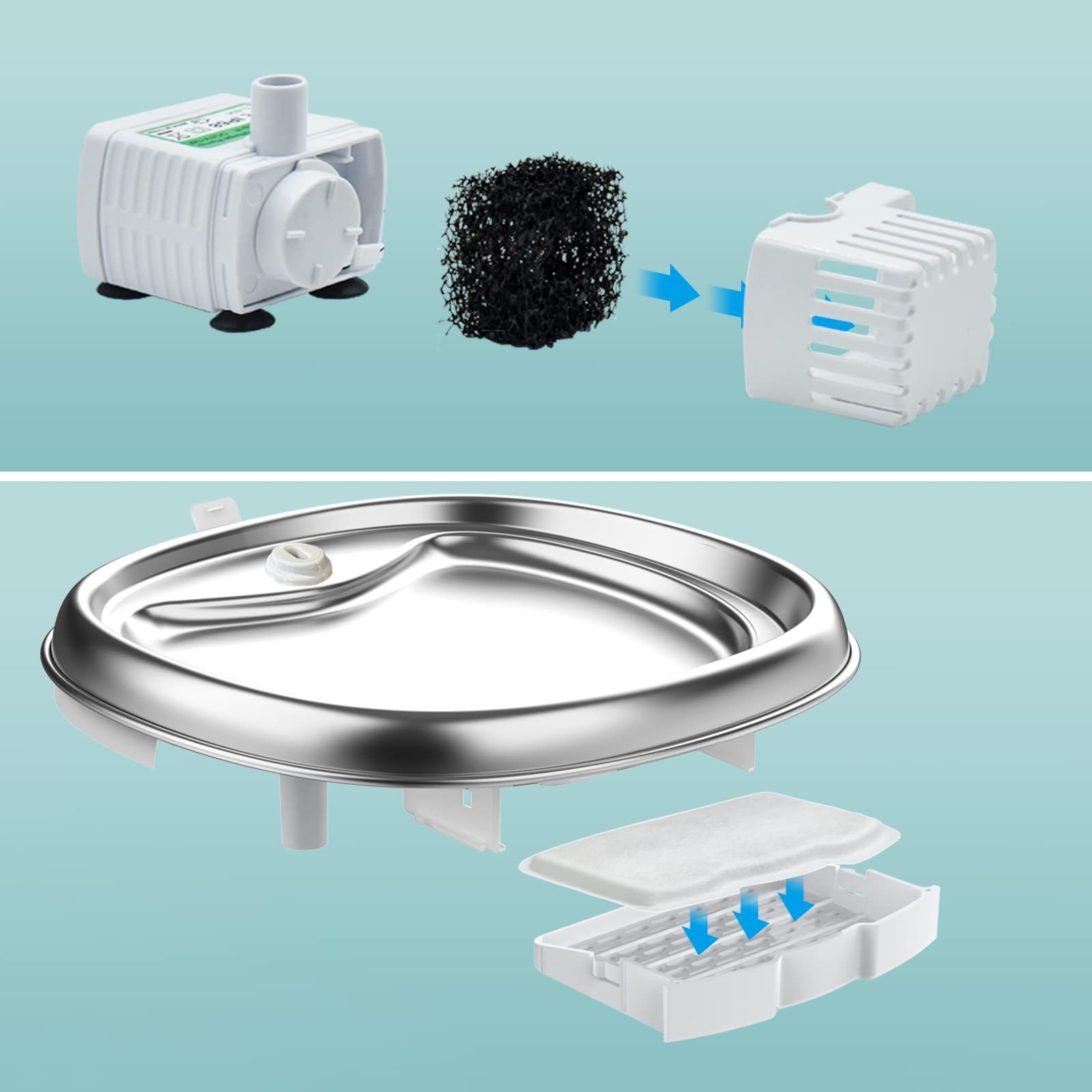 ZeePet Stainless Steel Cat Water Fountain Filter Replacements - 120oz/3.5L (Pump x4, Carbon Resin x8)