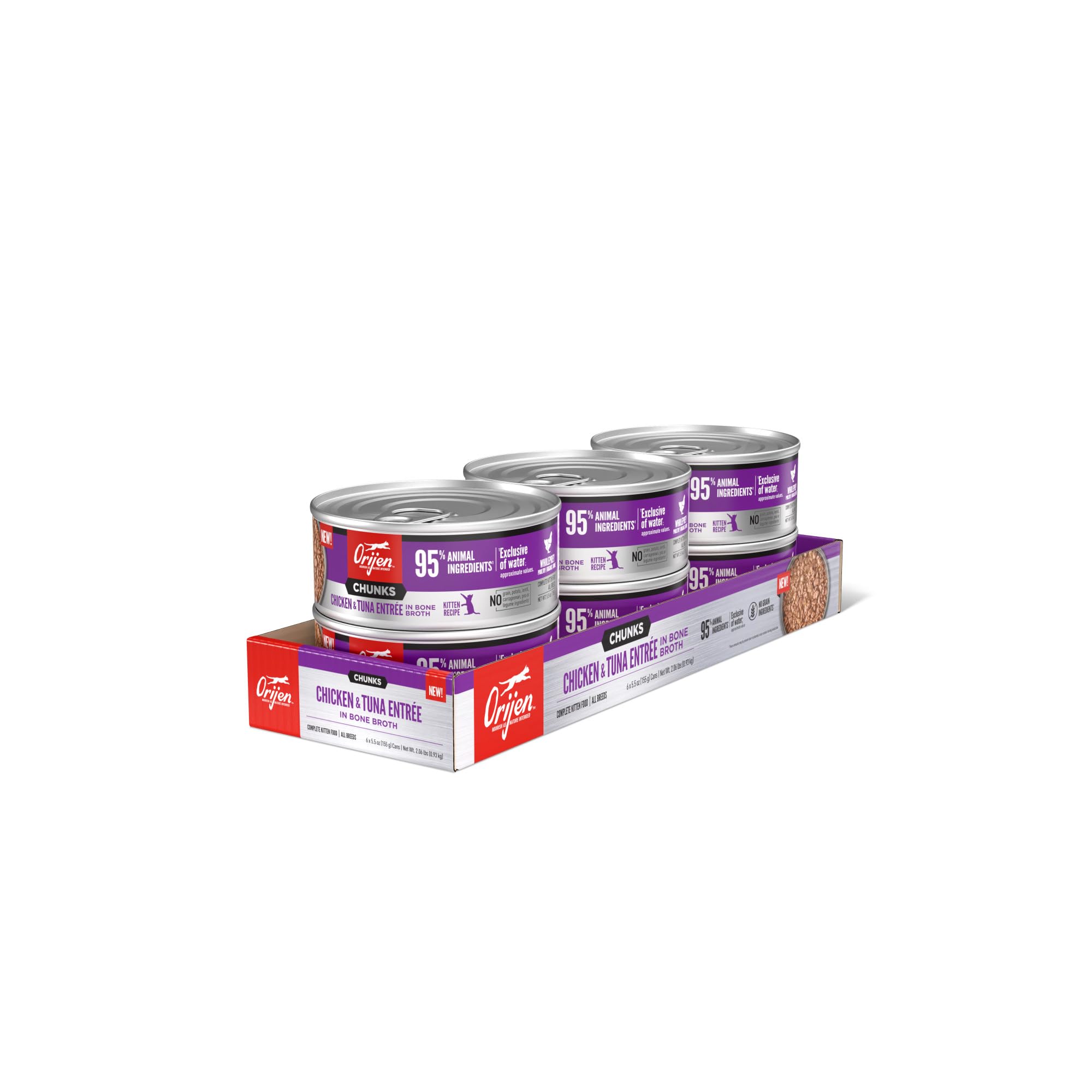 ORIJEN Chunks & Shreds Wet Cat FoodChicken and Tuna Kitten Entr  e 5.5oz Cans (6 Count)