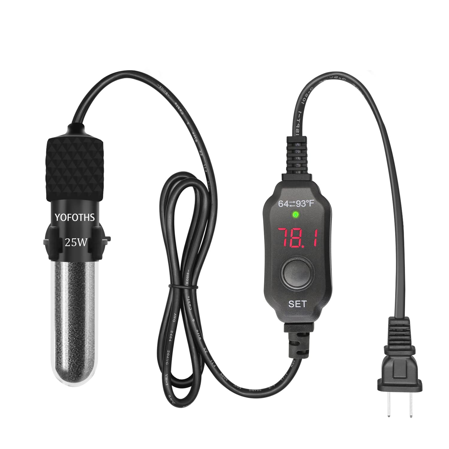 Yofoths Adjustable Mini Aquarium Heater3-5 Gallons Submersible Small Fish Tank Heater 25W Digital Display Thermostat External Temperature Controller (25W)