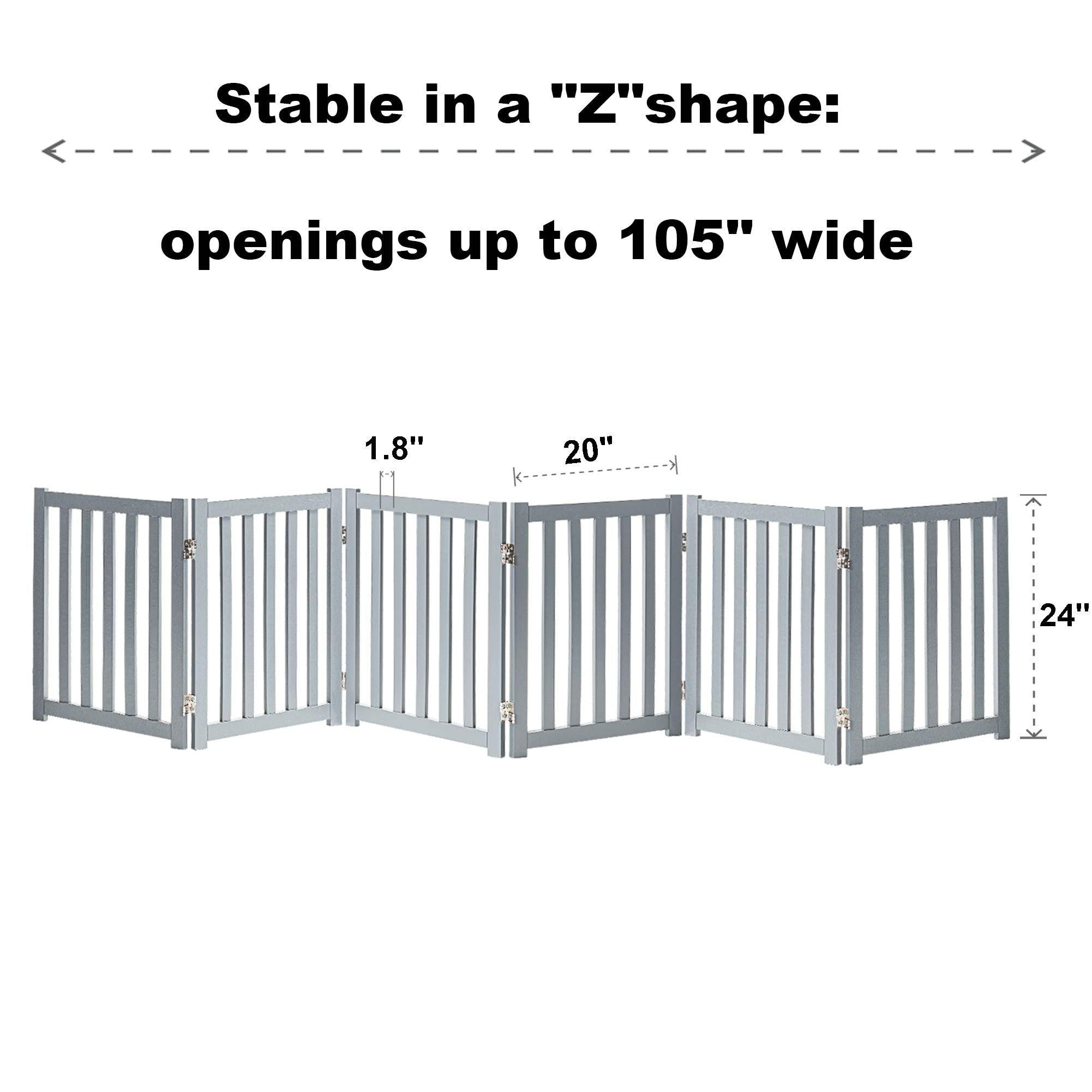 Lzrs 6-Panel Extra-Wide Freestanding Wooden Dog Gate ?24?igh Foldable Safety Pet Barrier For Doorways, Hallways, Kitchens, And Long Staircases, Durable Design Fit Small To Medium Dogs, Grey